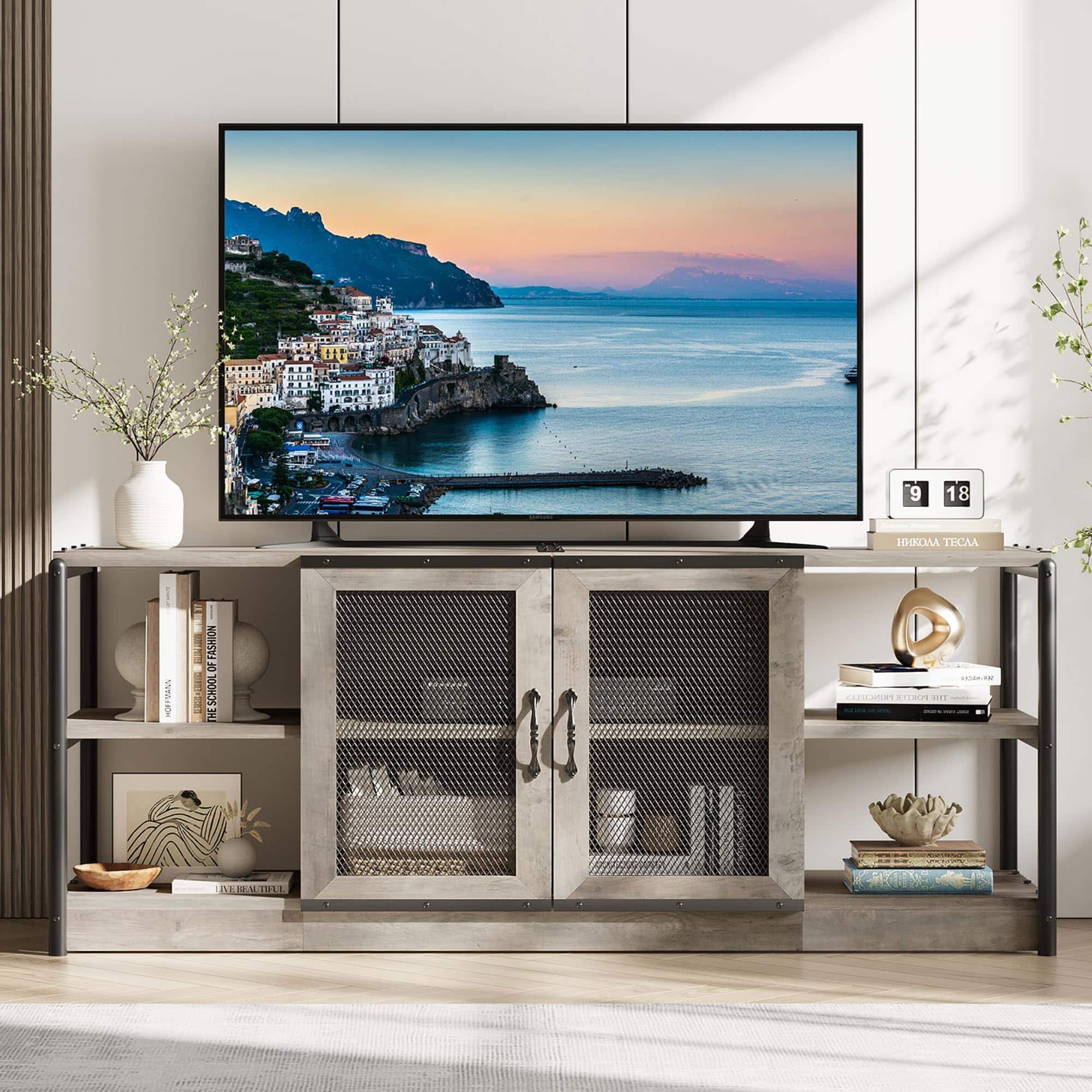 Qeetex - 63" Farmhouse TV Stand for 65/75 Inch TVs, Industrial Media Console with Storage Cabinet & Mesh Doors - Gray
