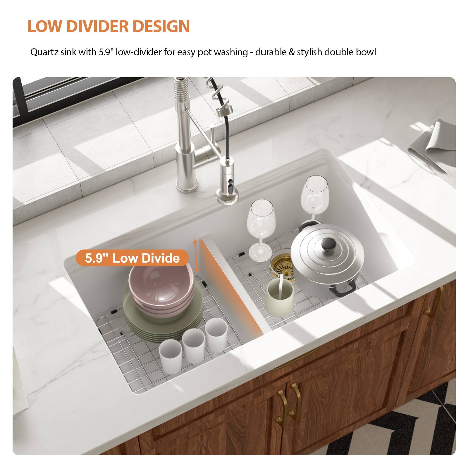 LOW DIVIDER DESIGN

Quartz sink with 5.9" low-divider for easy pot washing - durable & stylish double bowl

5.9" Low Divide