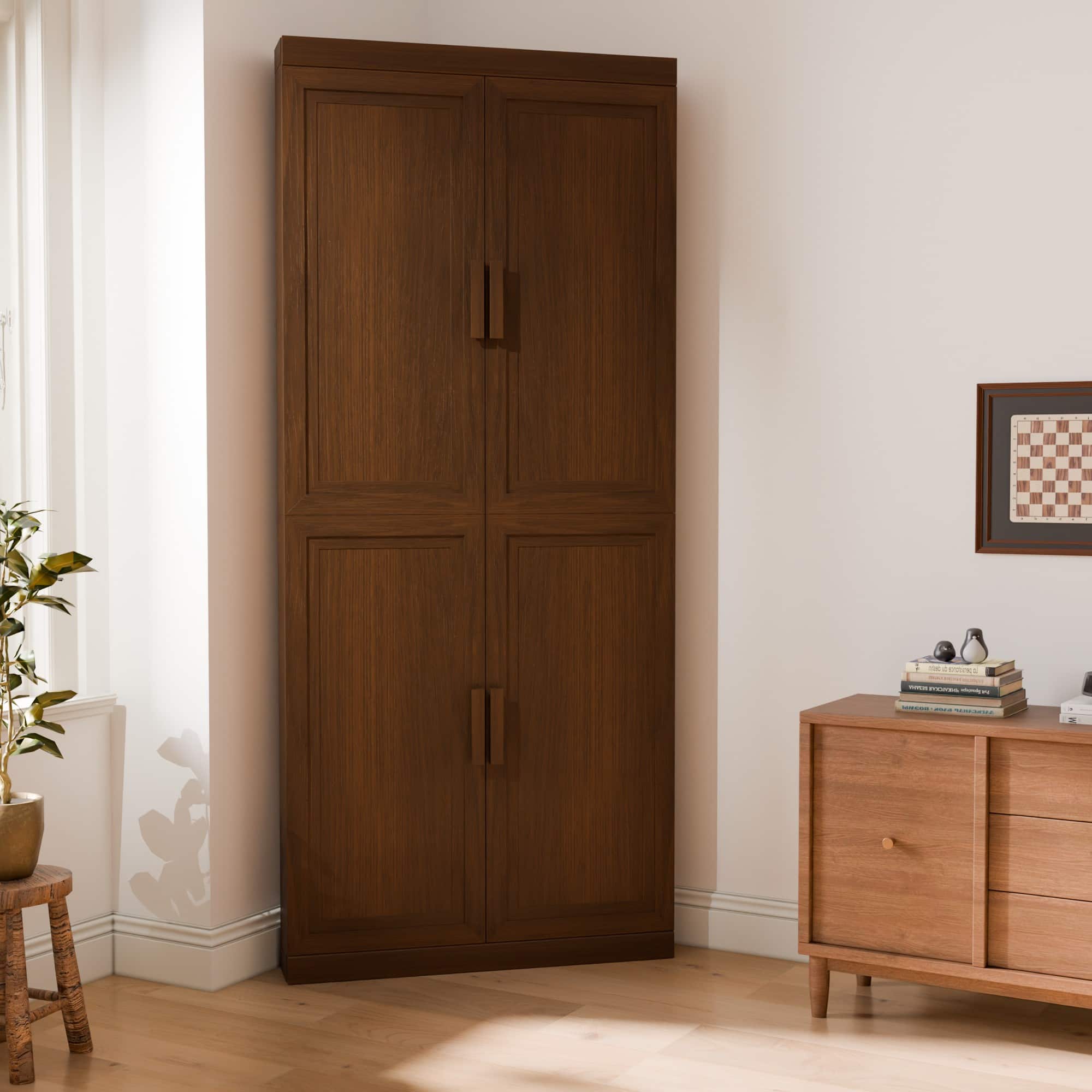 PexFix - 72" Farmhouse Corner Accent Storage Cabinet with Solid Wood Doors and Adjustable Shelves for Space-Saving - Walnut