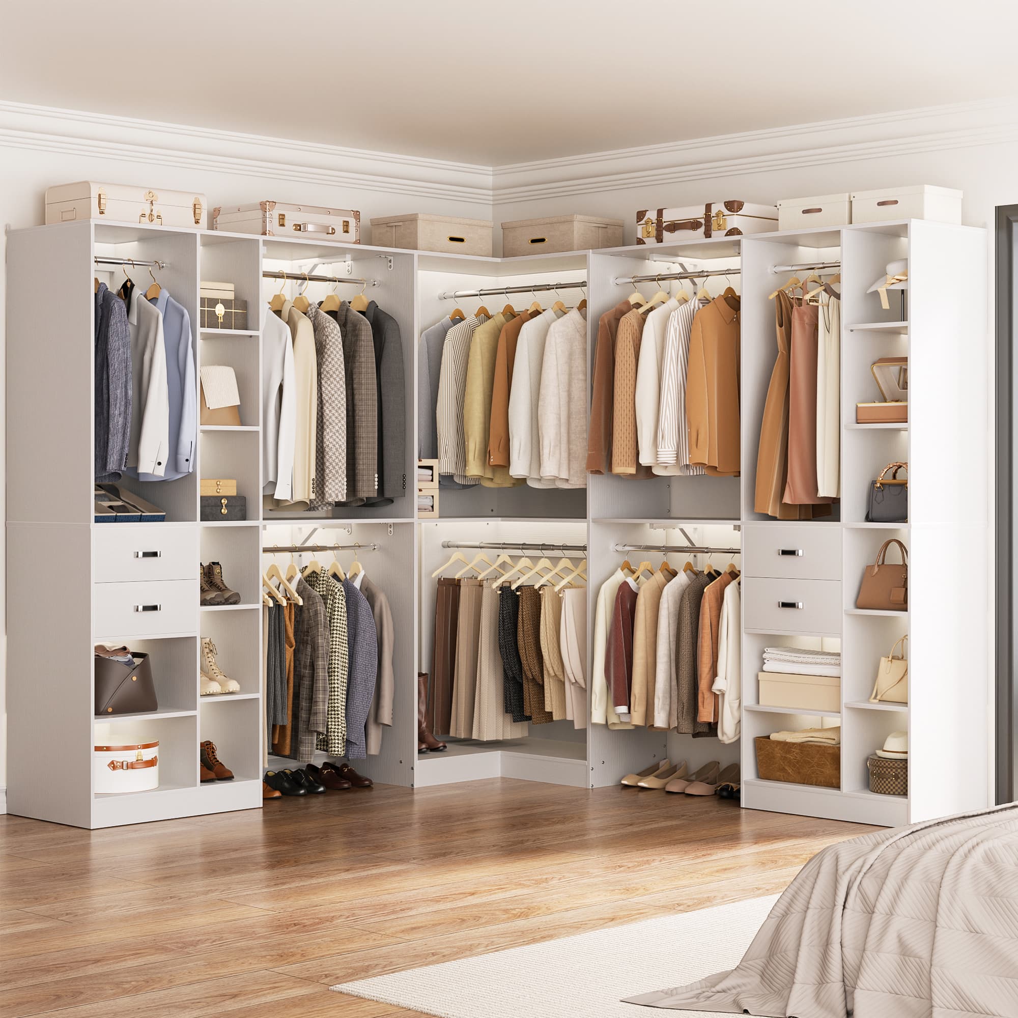 Aheaplus - 126'' L Shaped Closet System with 4 Drawers, 8 Hanging Rods and Adjustable Shelves, Reversible, Set of 3 - White price history on PriceWatchPro