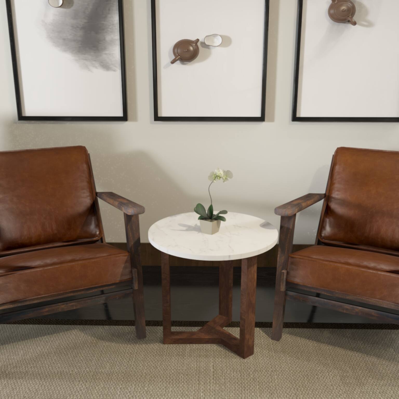 Alt View 9. Manhattan Lane - Fina Side End Table, 20 Inch Round White Genuine Marble Top, Natural Brown Mango Wood 3 Leg Sled Base - White, Natural Brown.