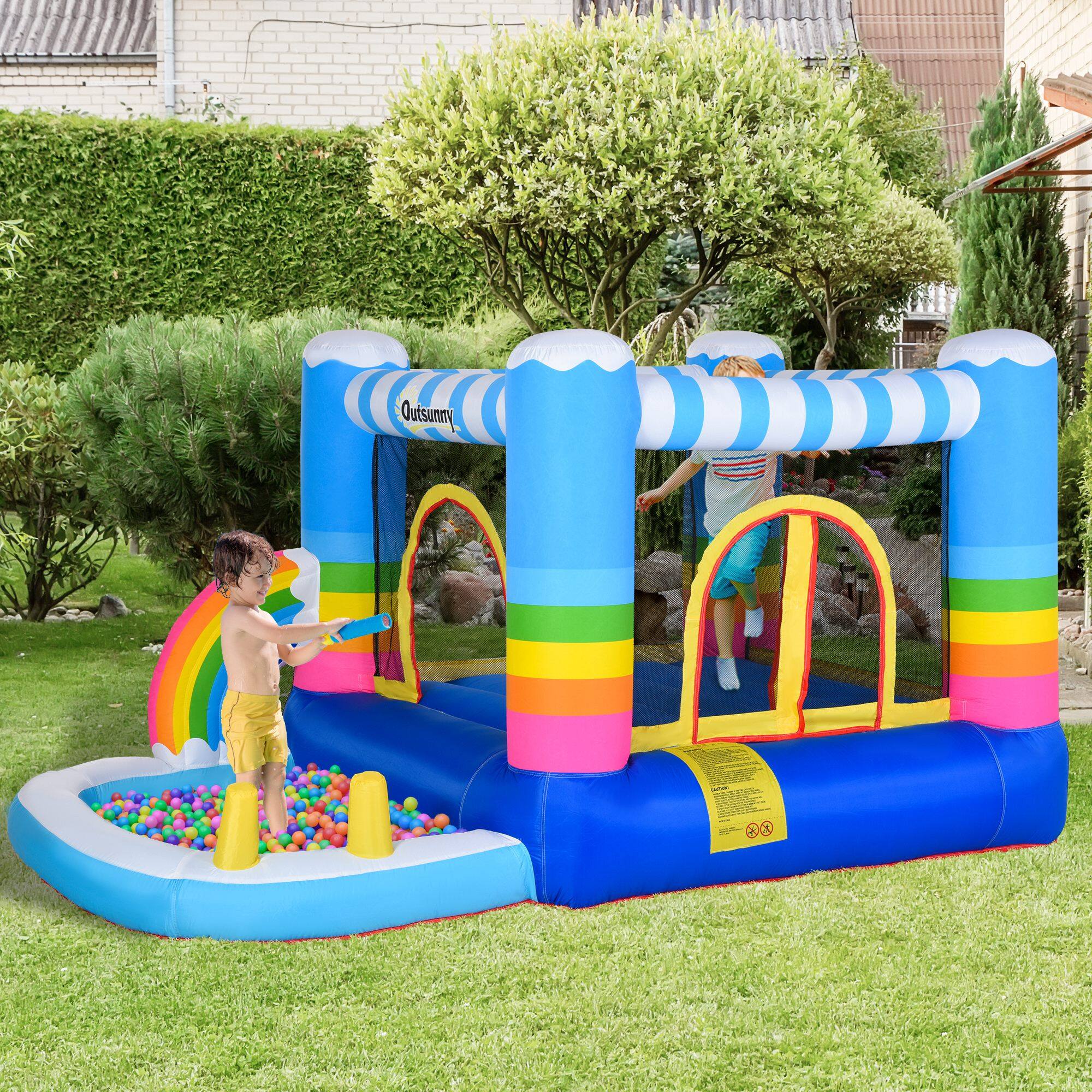 Angle. Outsunny - Inflatable Bounce House for Kids, 2-in-1 Jumping Castle, Indoor Outdoor Party, Trampoline, Pool, Carry Bag & Air Blower.