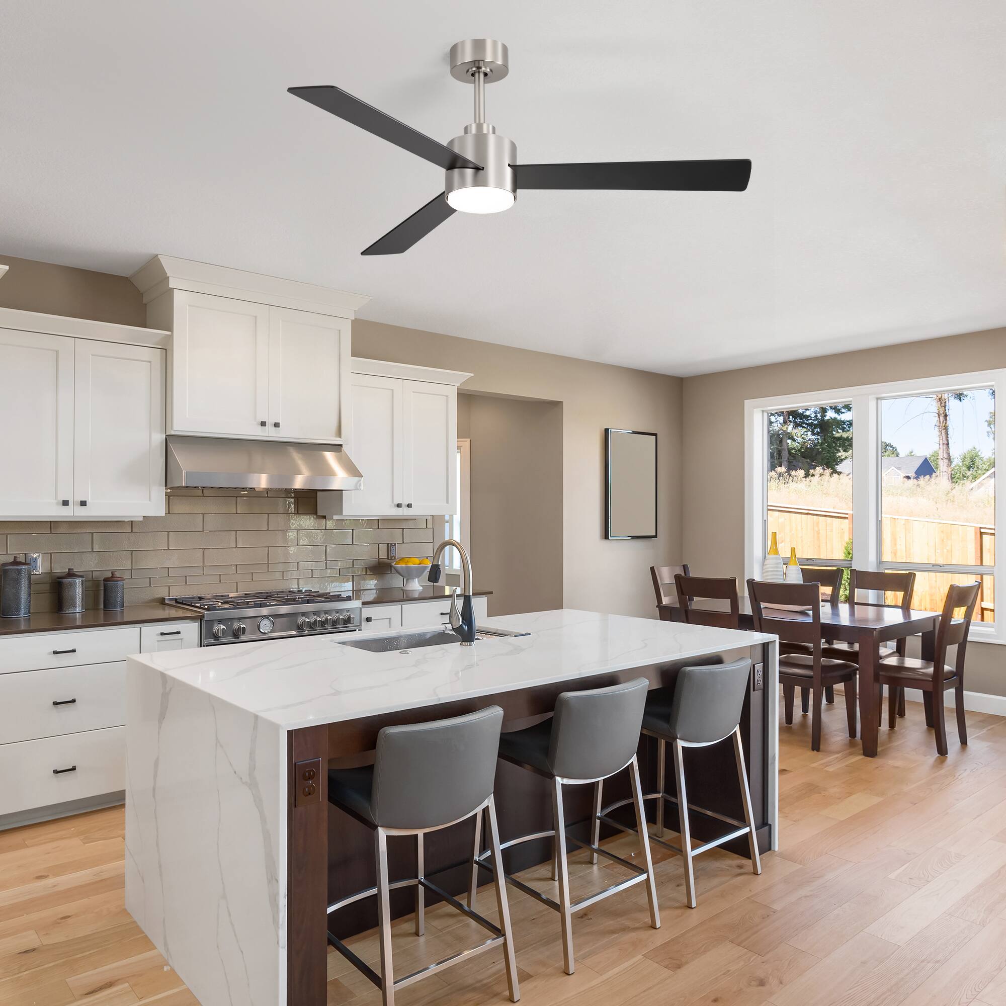Alt View 1. Breezary - 52" Indoor Ceiling Fan, 3 Plywood Blades, 6-Speed DC Motor, Remote & Timer, 5" & 10" Downrods, LED Light/No Light Option - Satin Nickel and Black(With Light).