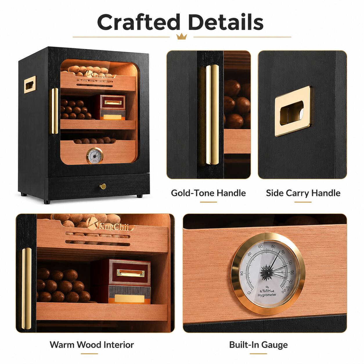 Crafted Details

- Gold-Tone Handle
- Side Carry Handle
- Warm Wood Interior
- Built-In Gauge