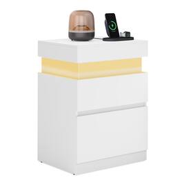 Songmics Home - Nightstand with Power Outlets, Sliding Lid, Modern Bedside Table with LED Lights, End Table, 2 Drawers - Cloud White