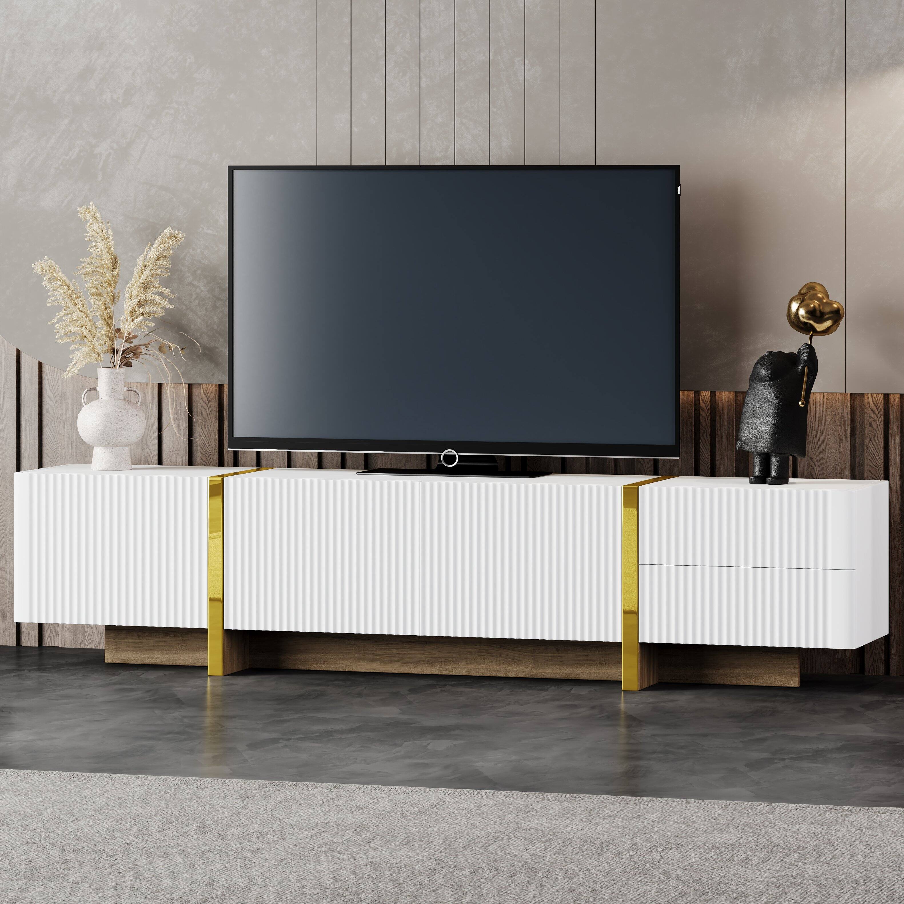 APRILSOUL - Luxury Fluted TV Stand for TVs Up to 80in Modern Entertainment Center with StorageCabinets Drawers Wood Grain Legs - White