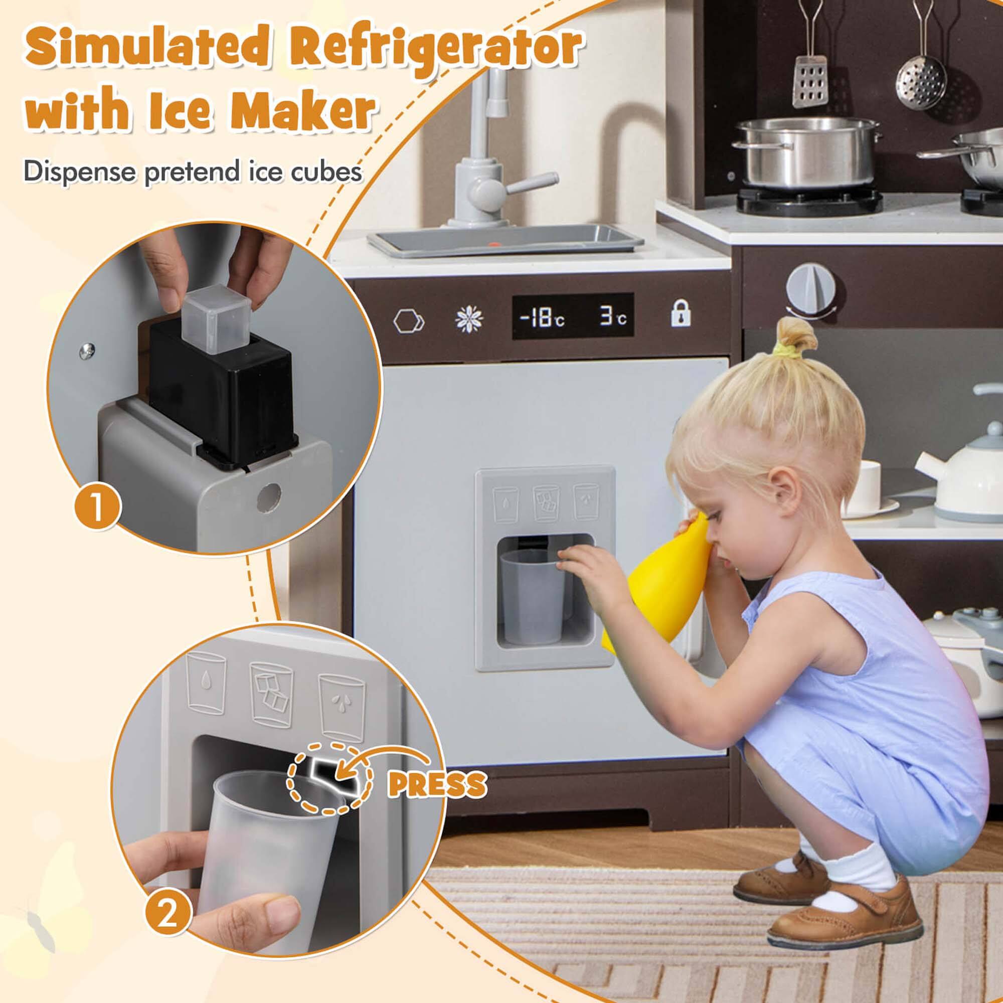 Simulated Refrigerator with Ice Maker  
Dispense pretend ice cubes  

1.  
2. PRESS