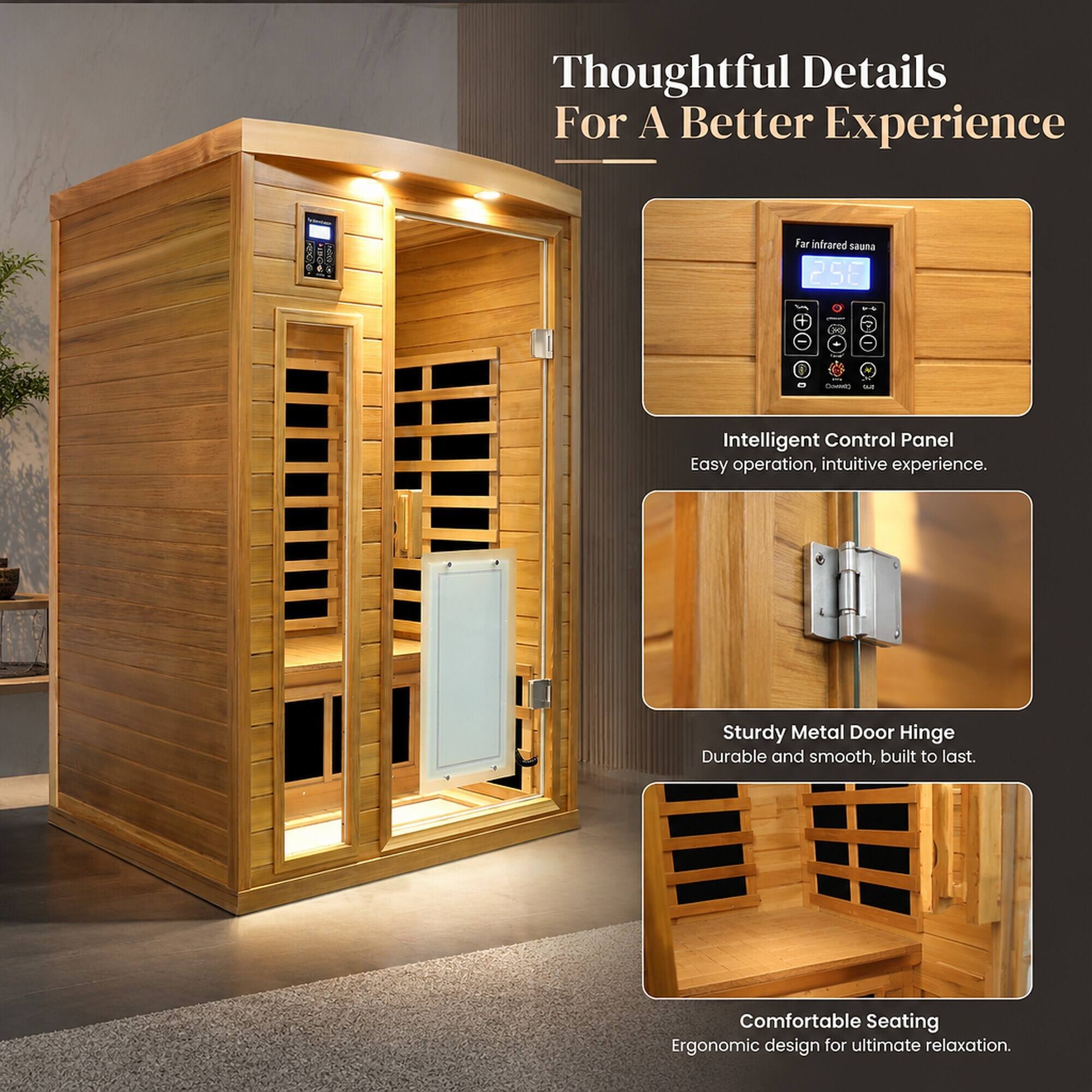 Thoughtful Details For A Better Experience

Far infrared sauna 25E

Contaly 168

Intelligent Control Panel
Easy operation, intuitive experience.

Sturdy Metal Door Hinge
Durable and smooth, built to last.

Comfortable Seating
Ergonomic design for ultimate relaxation.