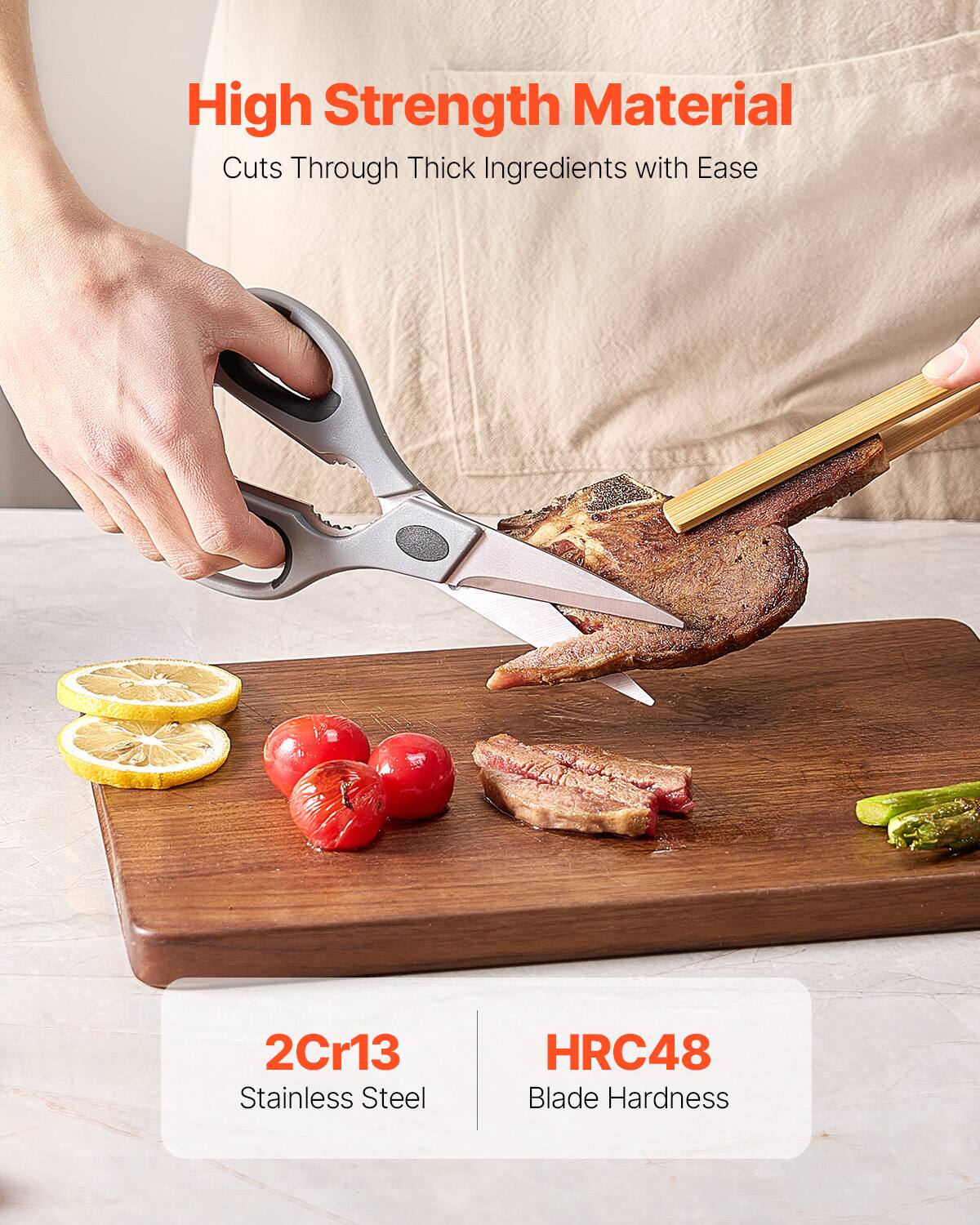 High Strength Material  
Cuts Through Thick Ingredients with Ease  

2Cr13 Stainless Steel  
HRC48 Blade Hardness