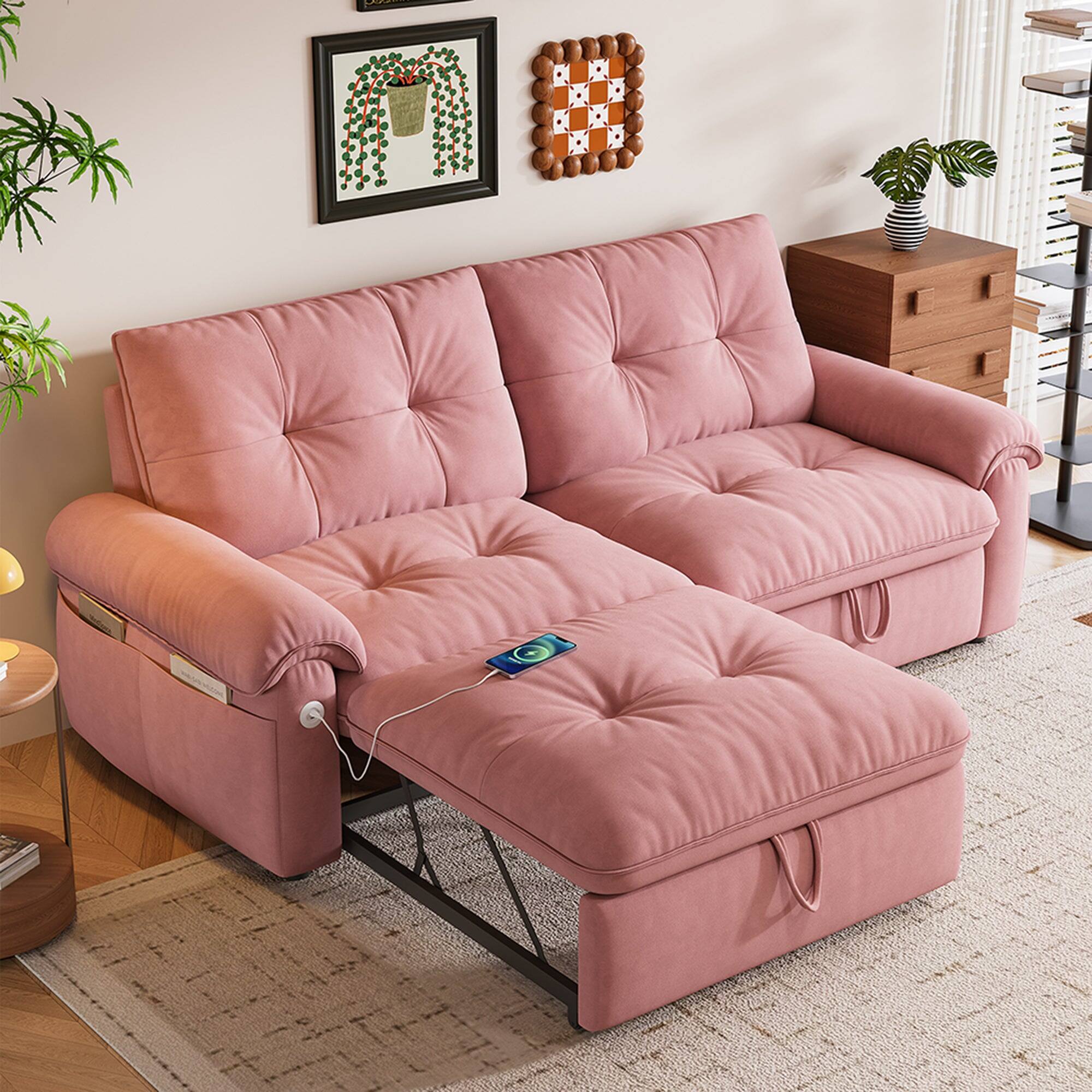 Alt View 1. Boyel Living - 77in 2 in 1 Convertible Sofa Bed Cloud Like Velvet Fabric Steel Frame 600 lbs Load Capacity Small Space Pink - Pink.