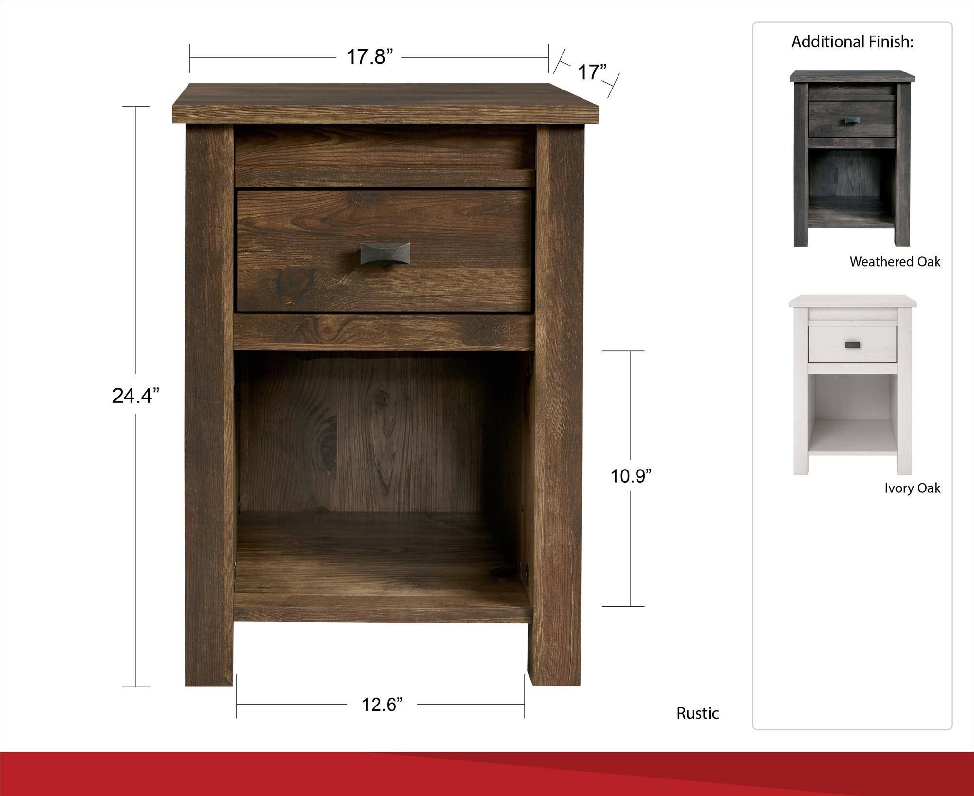 17.8" x 17" x 24.4" x 10.9" x 12.6"  
Additional Finish:  
- Weathered Oak  
- Ivory Oak  
- Rustic