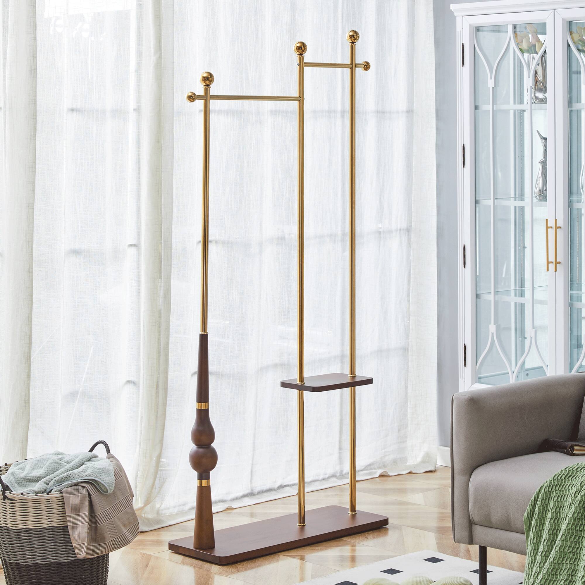 Front. GOODSILO - 70-Inch Tall Double Layer Industrial Coat Rack with Solid Wood and Metal Frame for Entryway Storage - Wood.