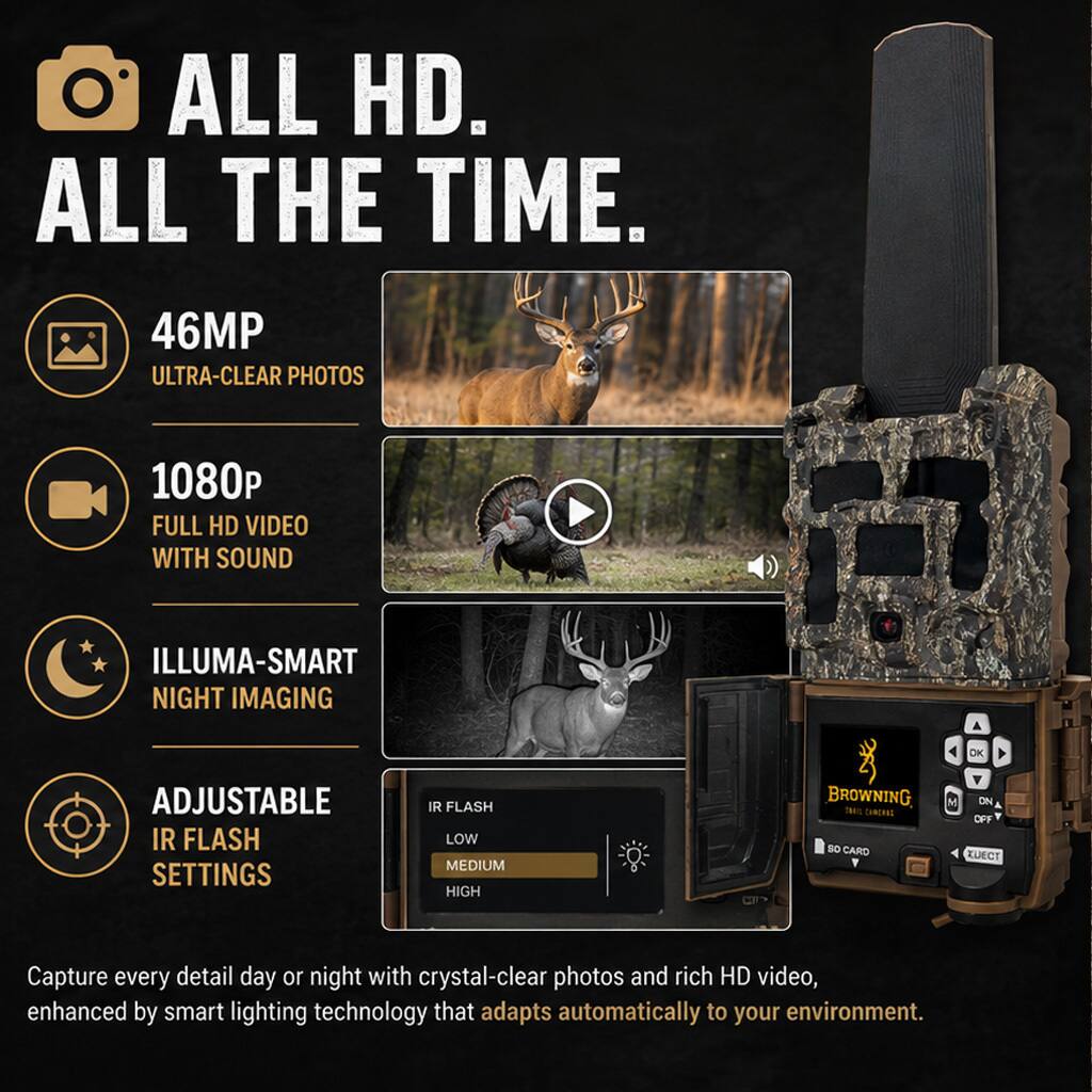 ALL HD. ALL THE TIME.  
46MP ULTRA-CLEAR PHOTOS  
1080P FULL HD VIDEO WITH SOUND  
ILLUMA-SMART NIGHT IMAGING  
ADJUSTABLE IR FLASH SETTINGS (LOW, MEDIUM, HIGH)  
BROWNING TeS  
SD CARD ON/OFF  
ZUECT  

Capture every detail day or night with crystal-clear photos and rich HD video, enhanced by smart lighting technology that adapts automatically to your environment.