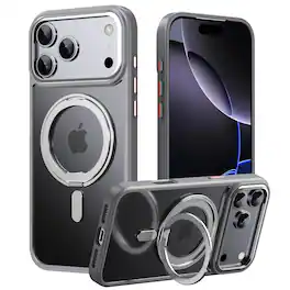 Dteck - Heavy Duty Case For Apple iPhone 17 Pro Max Magnetic 360° Ring Kickstand Hybrid Rugged Shockproof Cover - Gray