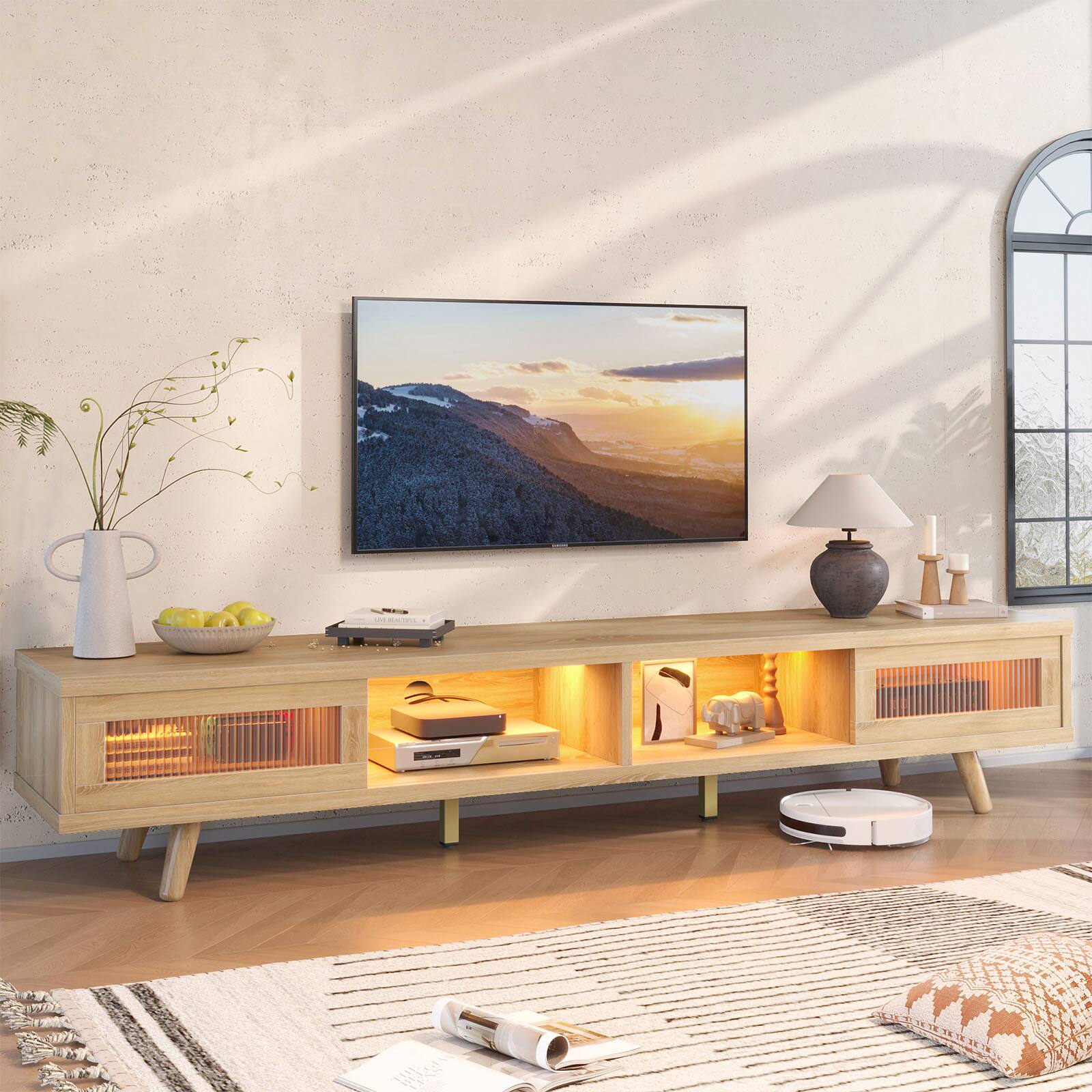 Angle. Bestier - 70" LED TV Stand Mid-Century Modern Gaming Entertainment Center with Sliding Glass Door - Natural Wood.