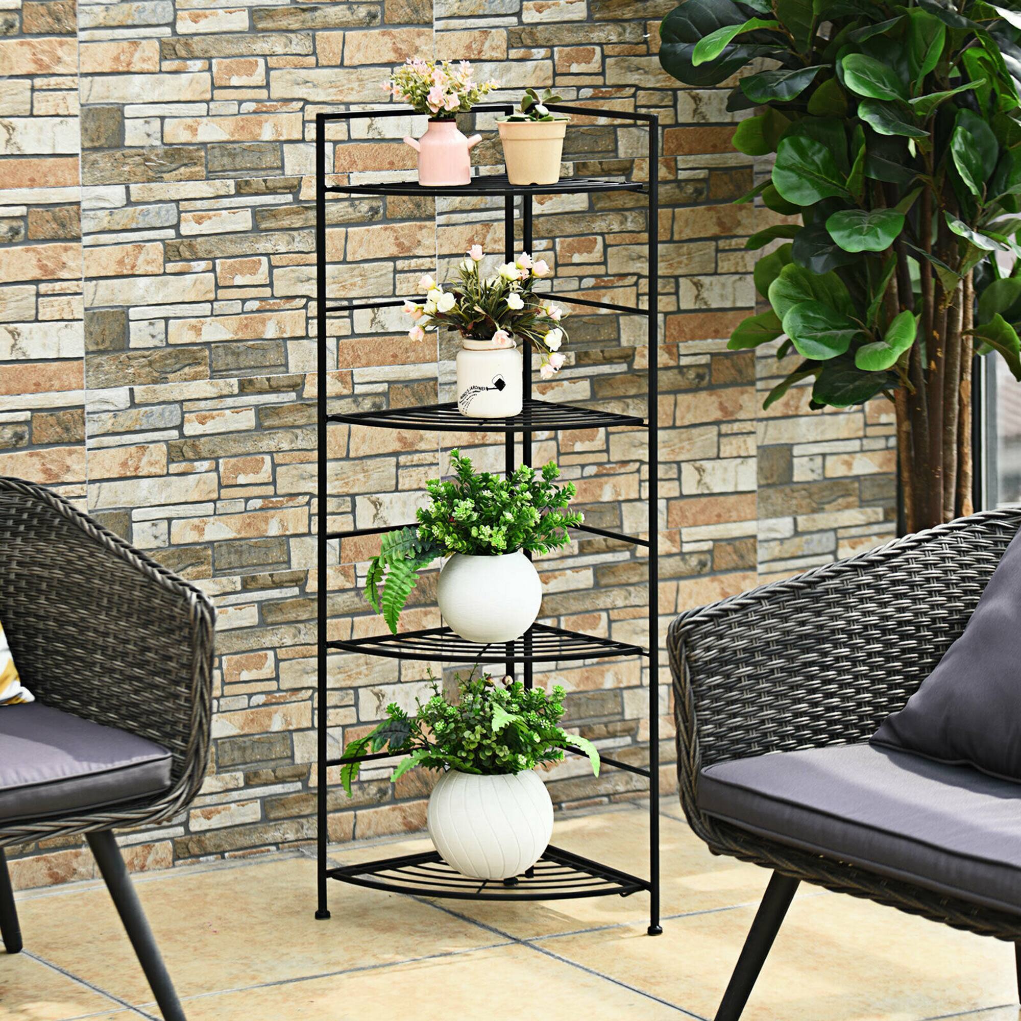 Alt View 4. Costway - 4 Tier Folding Metal Shelf Plant Stand Storage Open Shelf Corner Display Rack - Black.