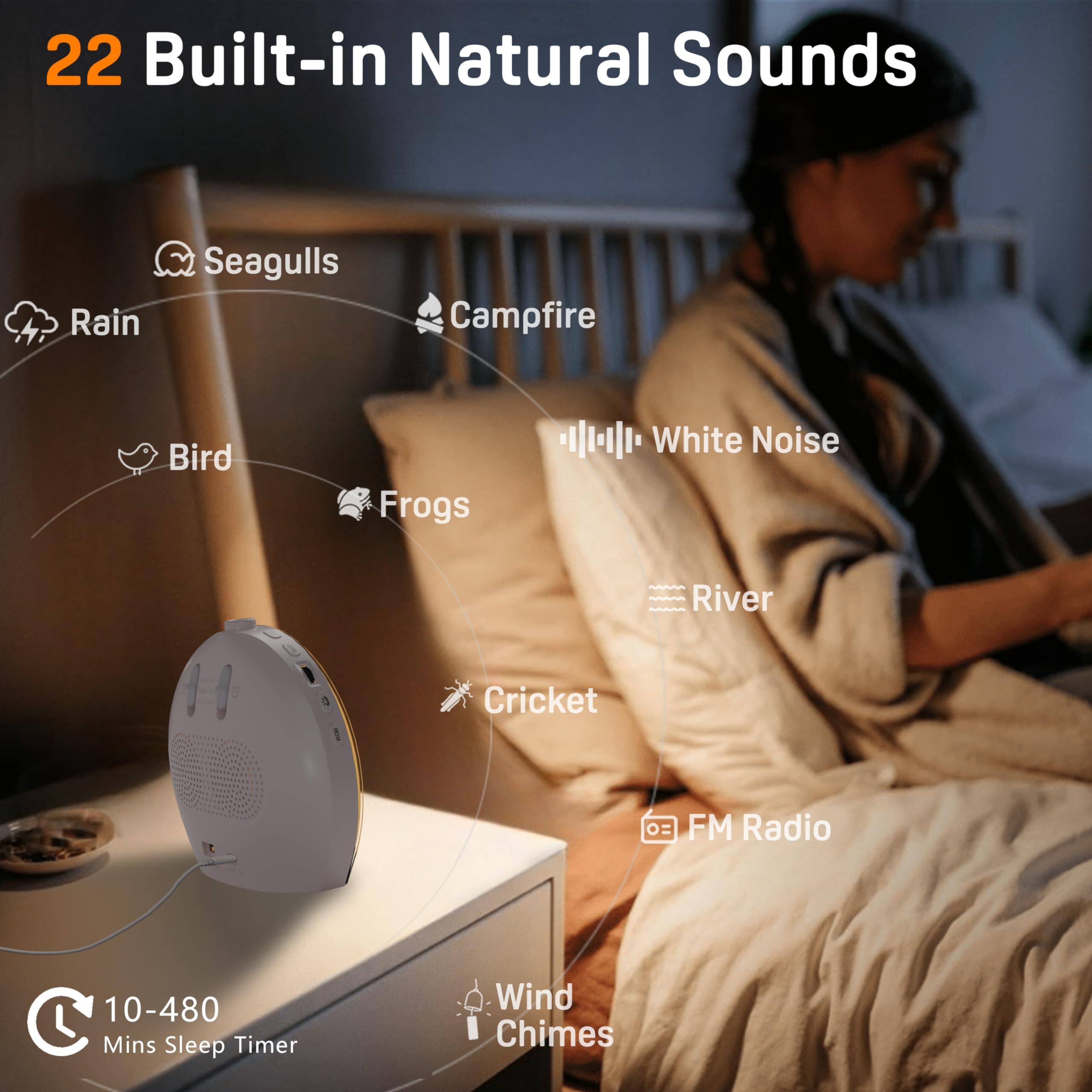 22 Built-in Natural Sounds

- Rain
- Seagulls
- Campfire
- Bird
- Frogs
- White Noise
- River
- Cricket
- FM Radio
- Wind Chimes

10-480 Mins Sleep Timer