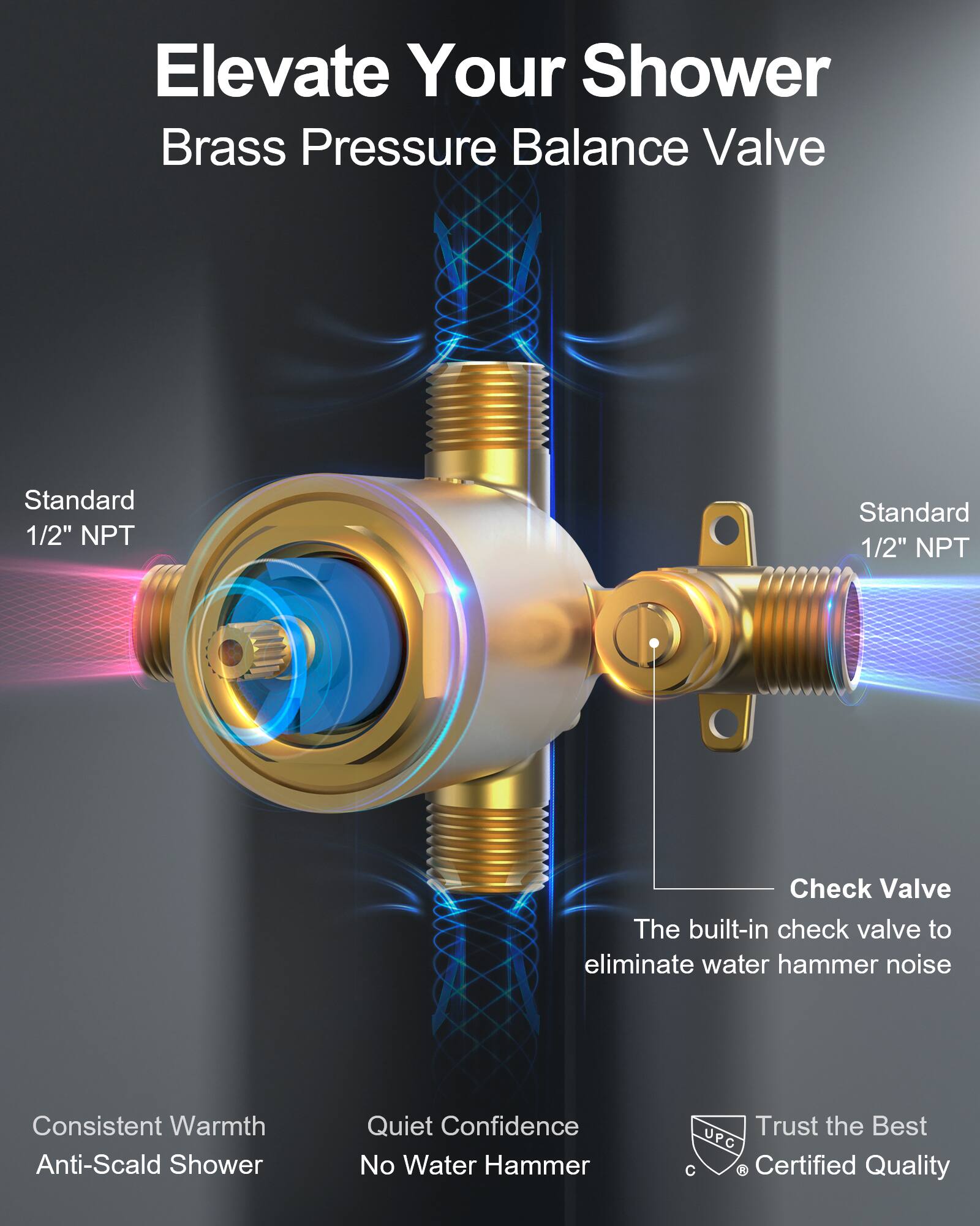 Elevate Your Shower  
Brass Pressure Balance Valve  

Standard 1/2" NPT  
Standard 1/2" NPT  

Check Valve  
The built-in check valve to eliminate water hammer noise  

Consistent Warmth  
Anti-Scald Shower  

Quiet Confidence  
No Water Hammer  

Trust the Best  
UPC Certified Quality