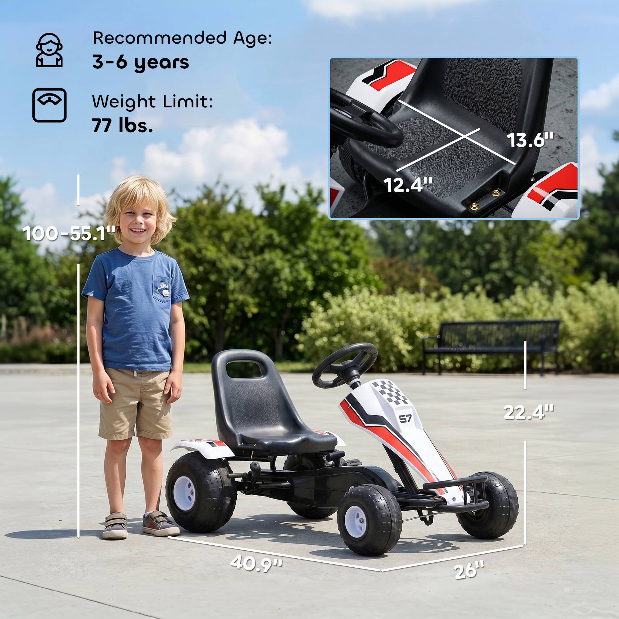 Recommended Age: 3-6 years  
Weight Limit: 77 lbs.  

100 - 55.1"  
13.6"  
12.4"  
22.4"  
40.9"  
26"