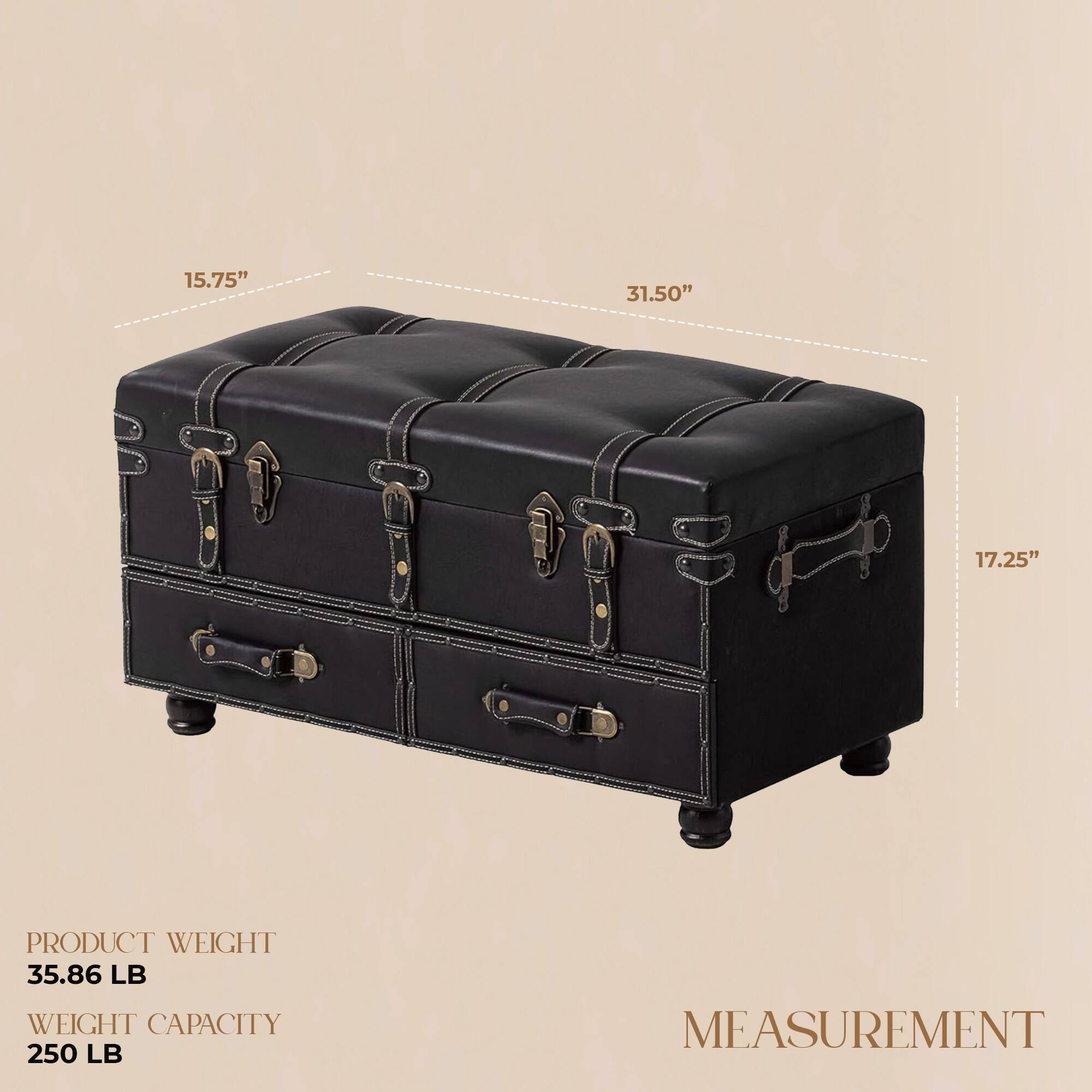 15.75" 31.50" 17.25"  
PRODUCT WEIGHT 35.86 LB  
WEIGHT CAPACITY 250 LB  
MEASUREMENT