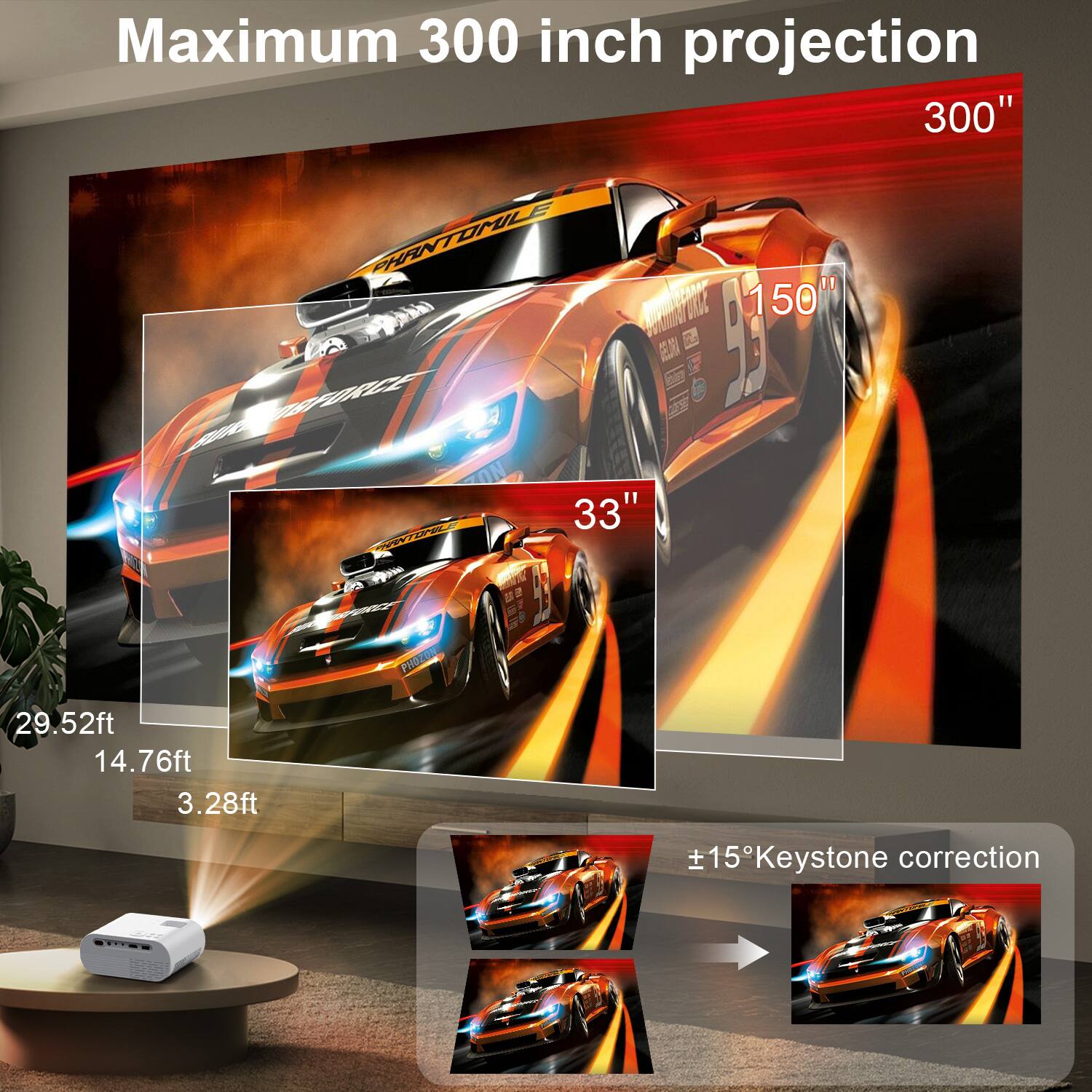 Maximum 300 inch projection

300"

150"

33"

29.52ft

14.76ft

3.28ft

±15° Keystone correction