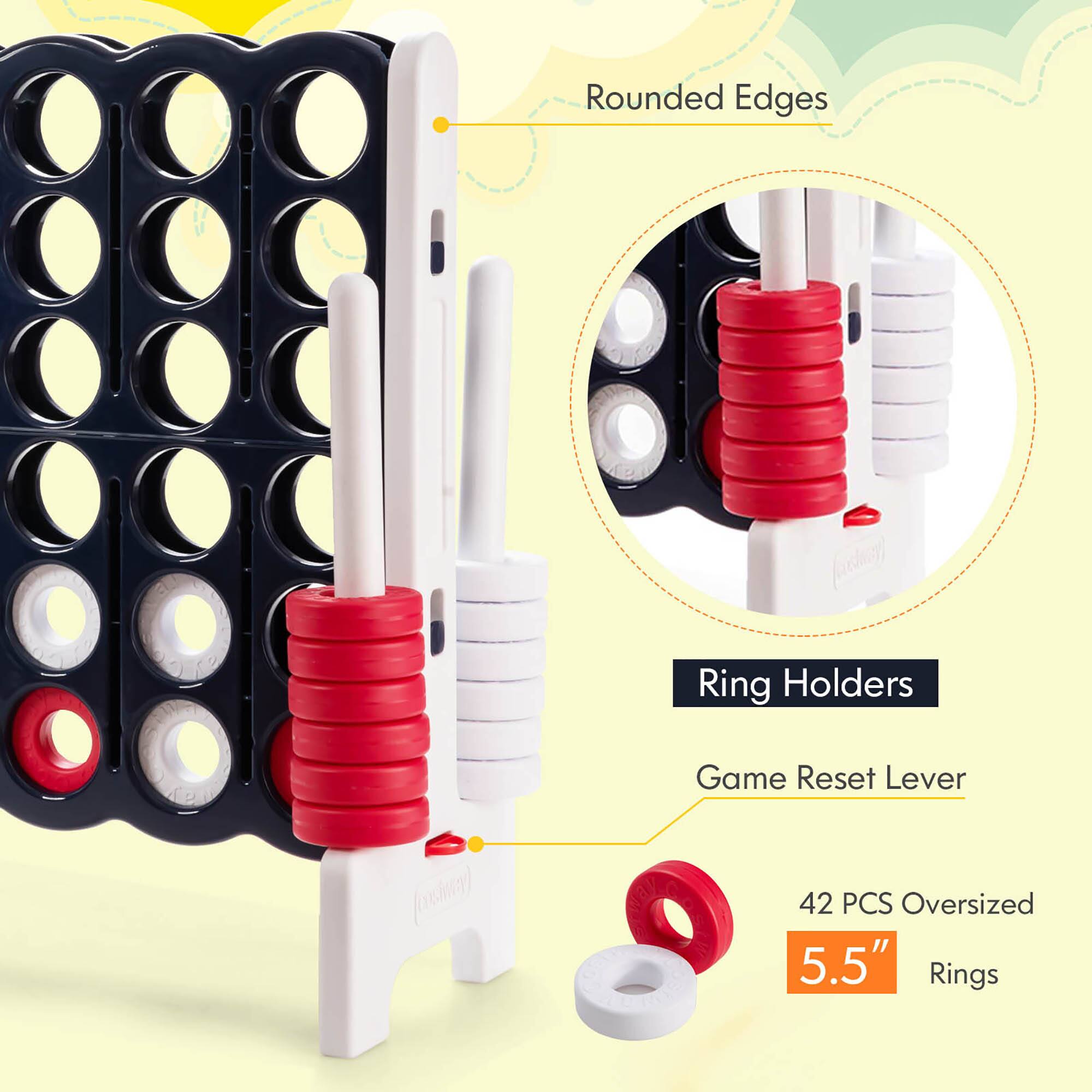 - Rounded Edges
- Ring Holders
- Game Reset Lever
- 42 PCS Oversized 5.5" Rings