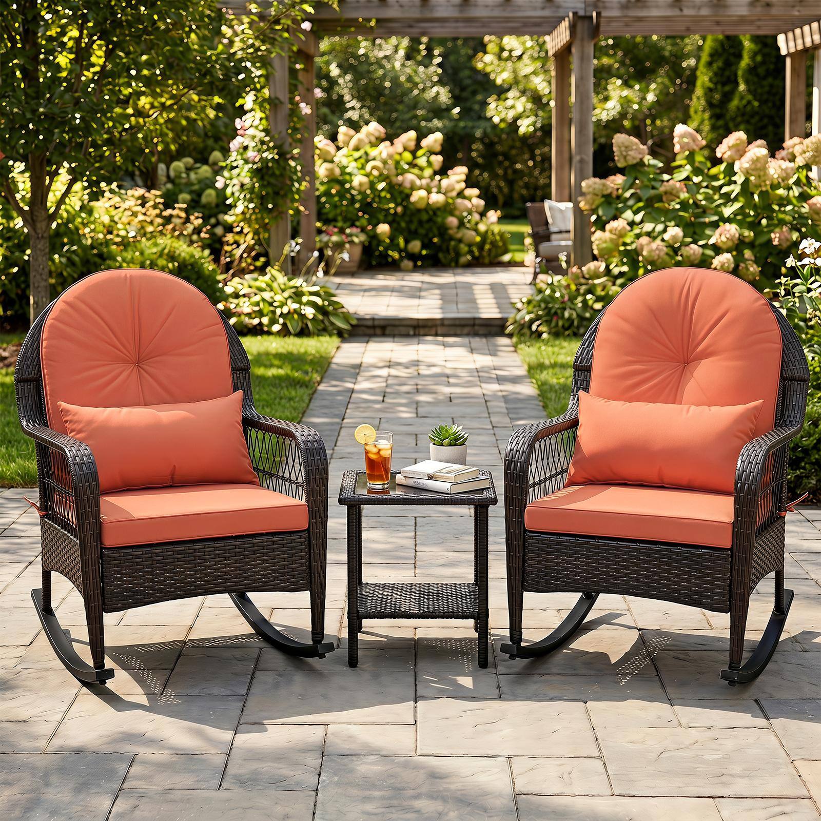 Alt View 1. Costway - Costway 2PCS Patio Wicker Rocking Chair W/Seat Back Cushions & Lumbar Pillow Balcony - Mix Brown + Orange.