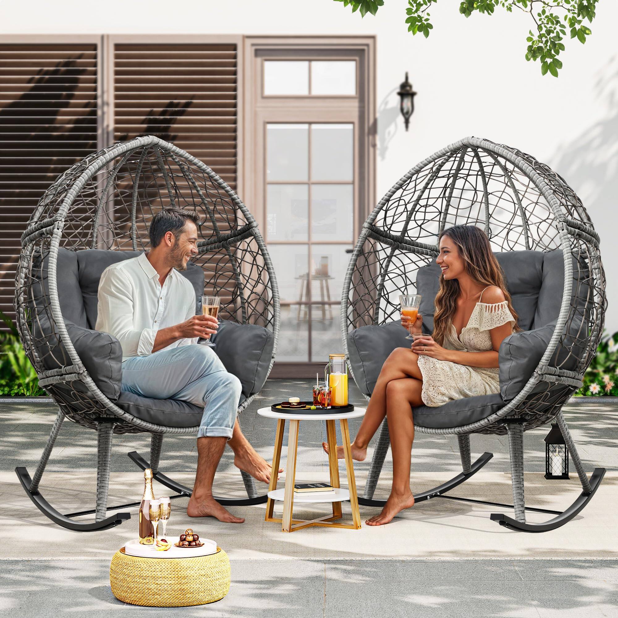 Alt View 1. Fabibe - Wicker Rocking Egg Chair with Cushioned Comfort, Patio Rocker 250lb Capacity, Anti-Slip, All-Weather Resilient... - Grey.