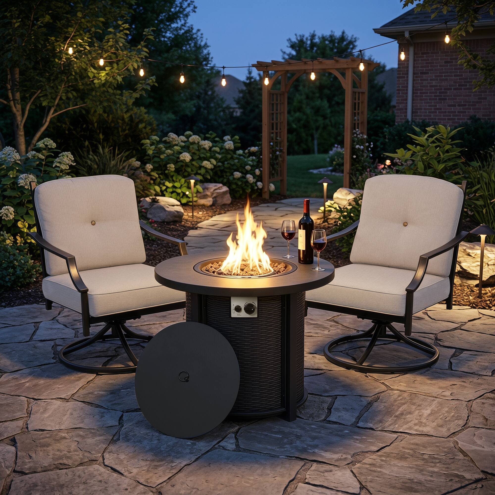 Angle. Nuu Garden - 3-Piece Outdoor Fire Pit Set with 2 Swivel Sofas, CSA Certified - Black and Gray.