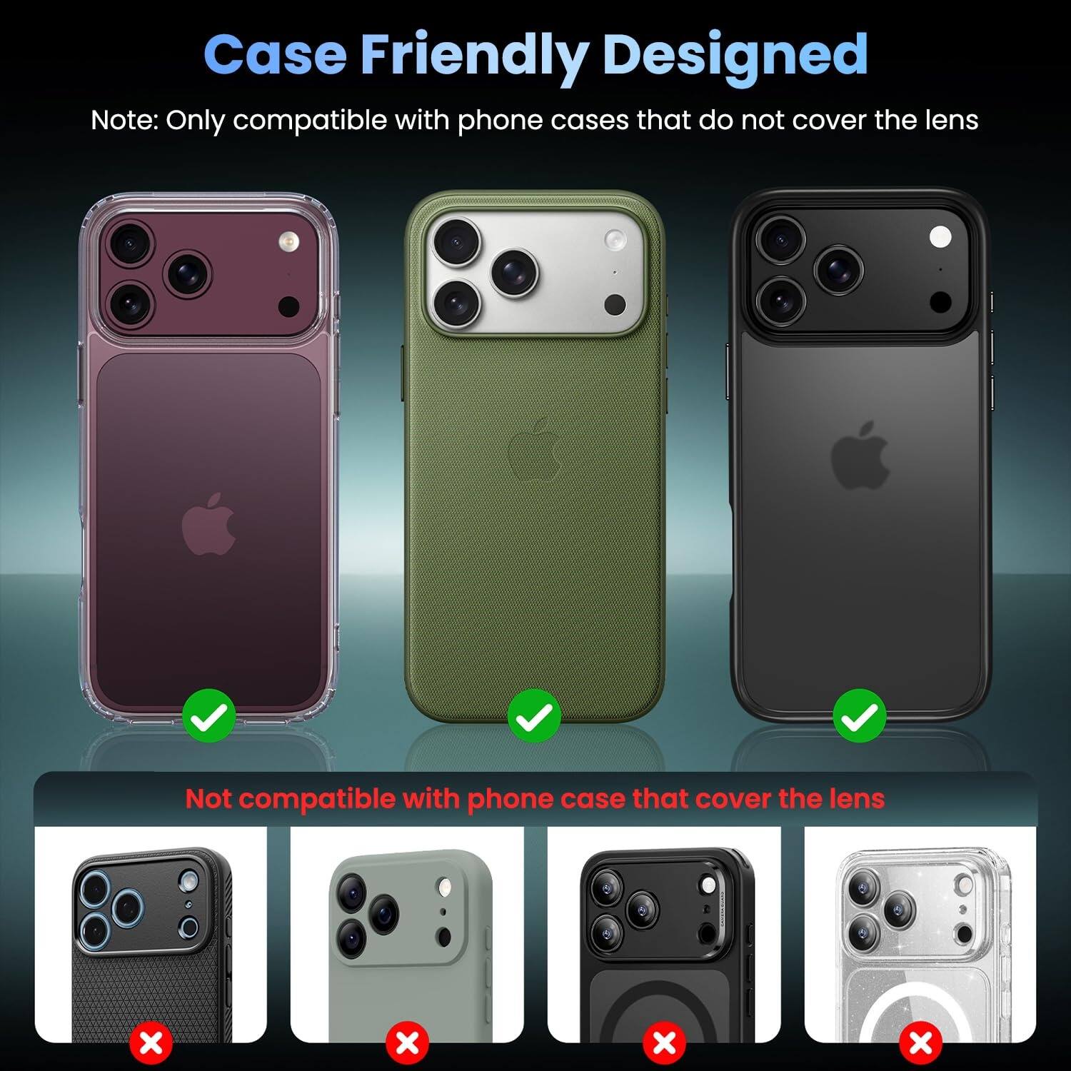 Case Friendly Designed  
Note: Only compatible with phone cases that do not cover the lens  

Not compatible with phone case that cover the lens