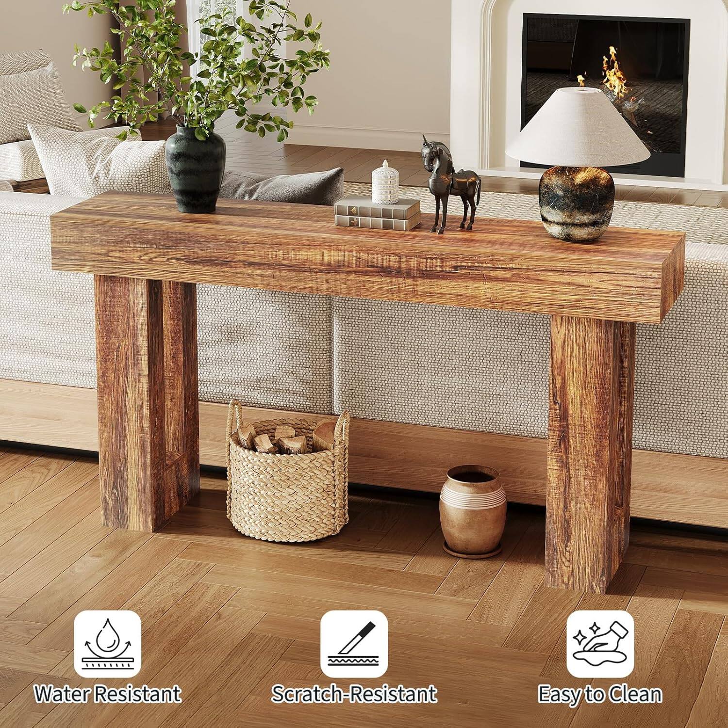 Alt View 2. Jojoka - Console Table, 63" Long Narrow Rectangular Farmhouse Wood Entryway Table , Sofa Table Behind Couch,Natura - Brown.