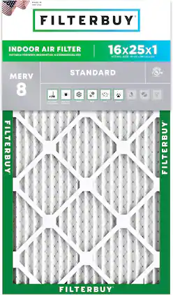 Filterbuy - 16x25x1 MERV 8 Dust & Allergy Defense, Electrostatic Pleated HVAC AC Furnace Air Filters Replacement (1-Pack) - Silver