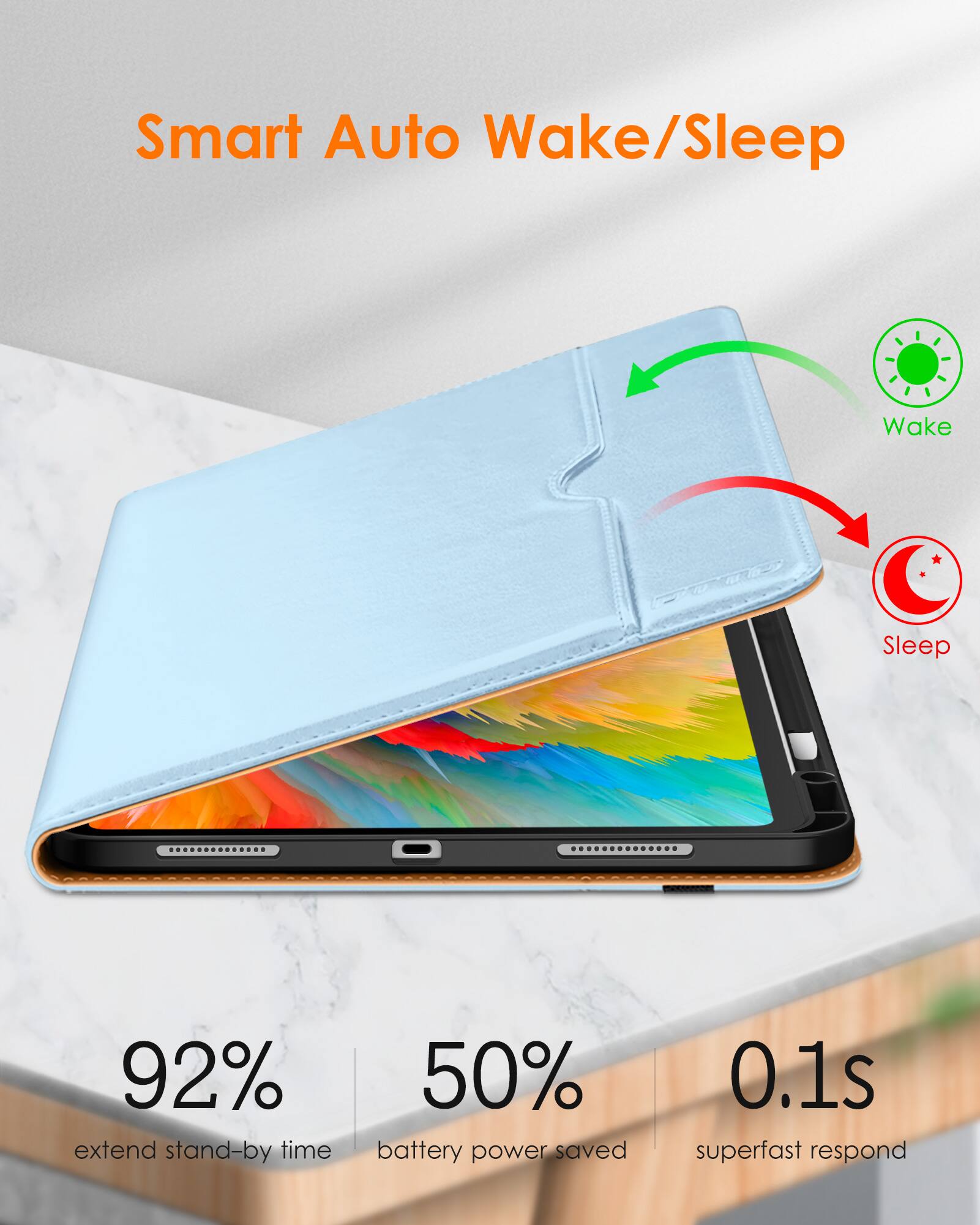 Smart Auto Wake/Sleep

- 92% extend stand-by time
- 50% battery power saved
- 0.1s superfast respond

Wake
Sleep