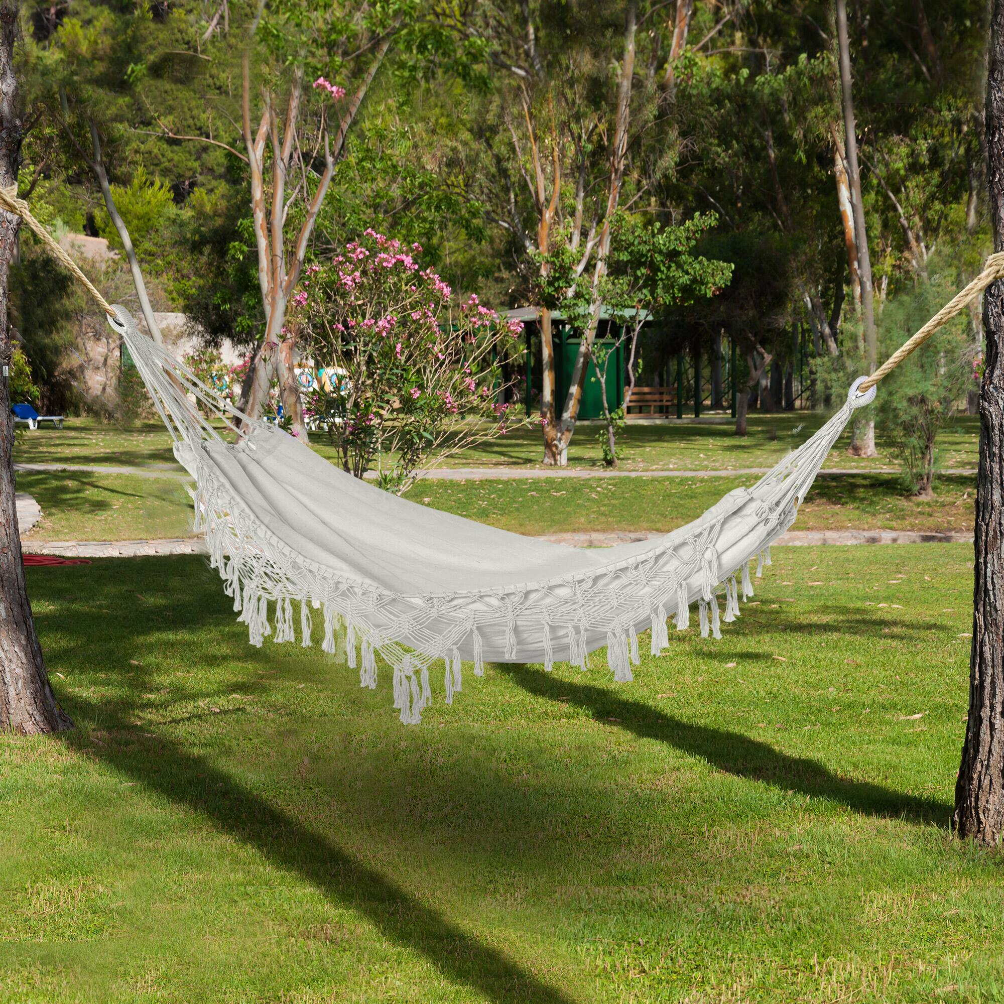 Alt View 1. Outsunny - Large Boho Hammock with Macrame Tassel Fringe, Includes Carrying Bag - White.