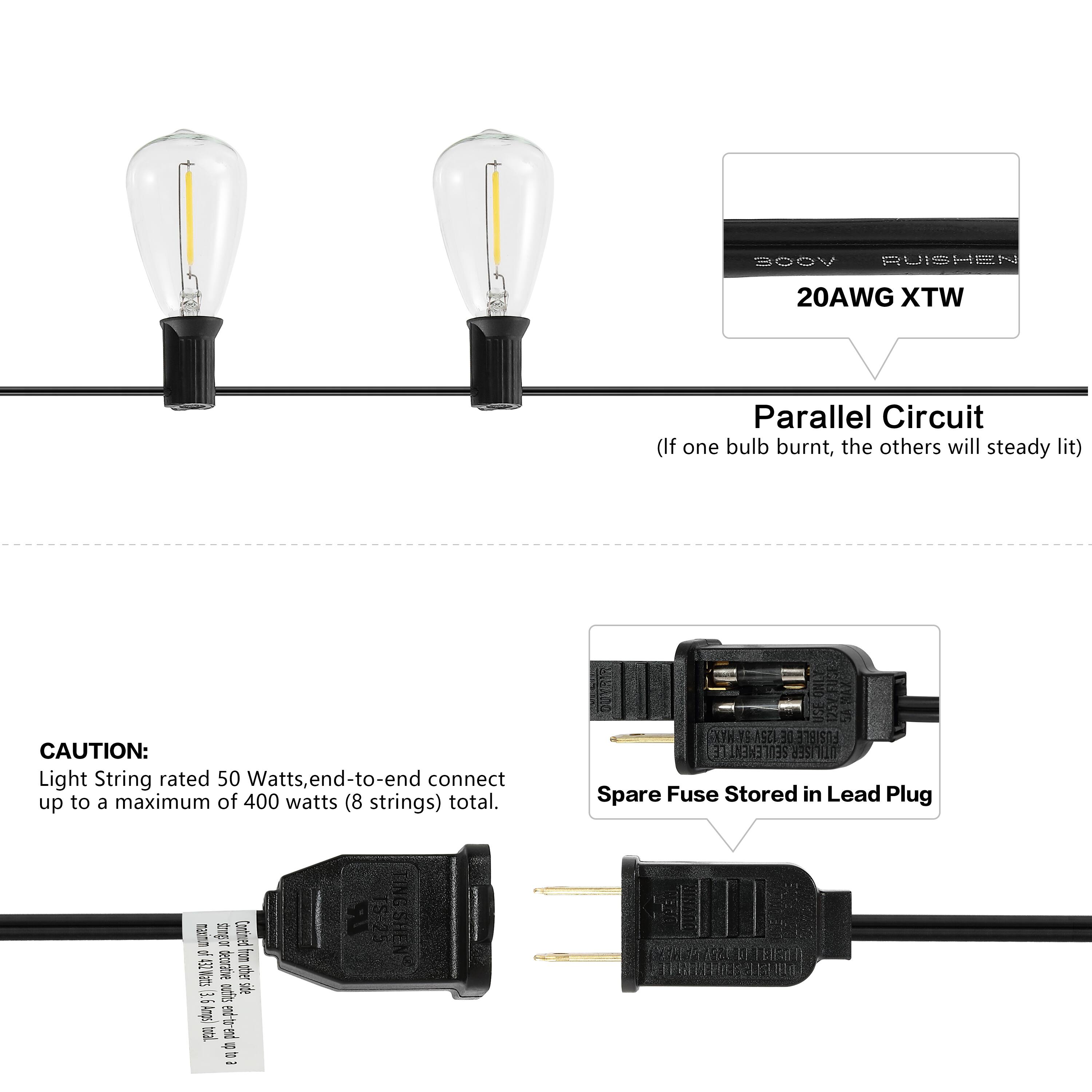 Voce 20AWG WTX Parallel Circuit (If one bulb burnt, the others will steady lit)  
CAUTION: Light String rated 50 Watts, end-to-end connect up to a maximum of 400 watts (8 strings) total.  
XHYS YSASZA 38 FUSIBLE DE SEULEMENT UTILISER  
Spare Fuse Stored in Lead Plug  
Cortined 18. I 2 tecoratie oher  ie DE Angs  
e NCSHEN THEAN D HEN 1ng_o_tni
