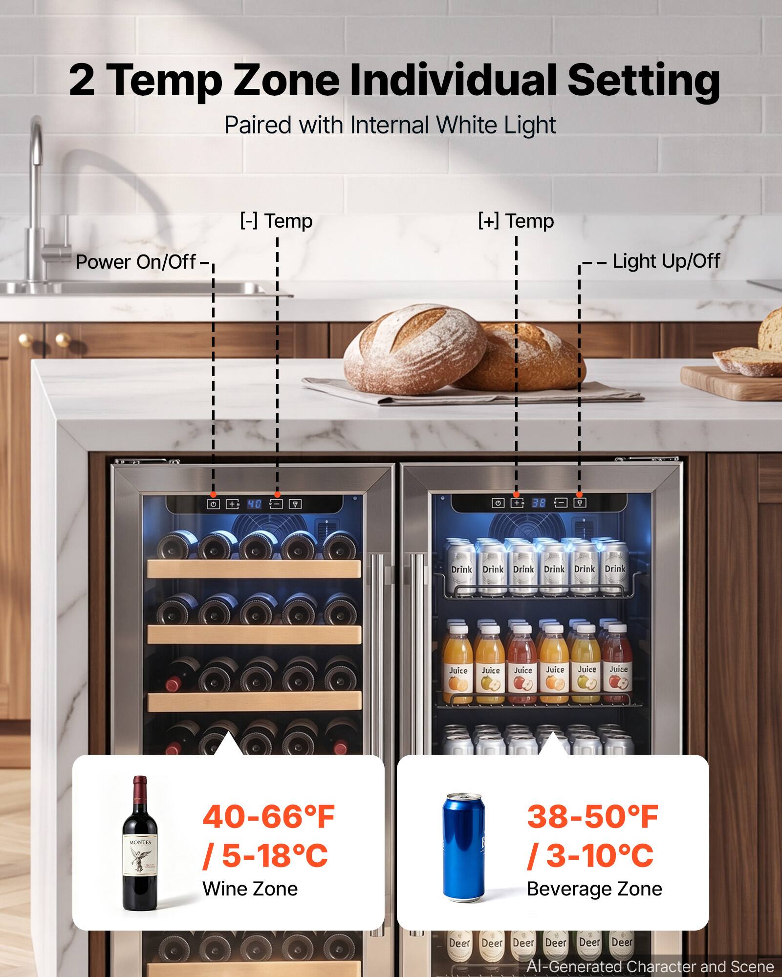 2 Temp Zone Individual Setting Paired with Internal White Light

[-] Temp
[+] Temp
Power On/Off
Light Up/Off

40
Y
38

Drink Drink Drink Drink Drink Drink
Juice
Juice
Juice
Juice
Juice
Juice

MONTIA

40-66F / 5-18C Wine Zone
38-50F / 3-10C Beverage Zone

Deer Deer Deer Deer
Deer Deer

AI-Generated Character and Scene