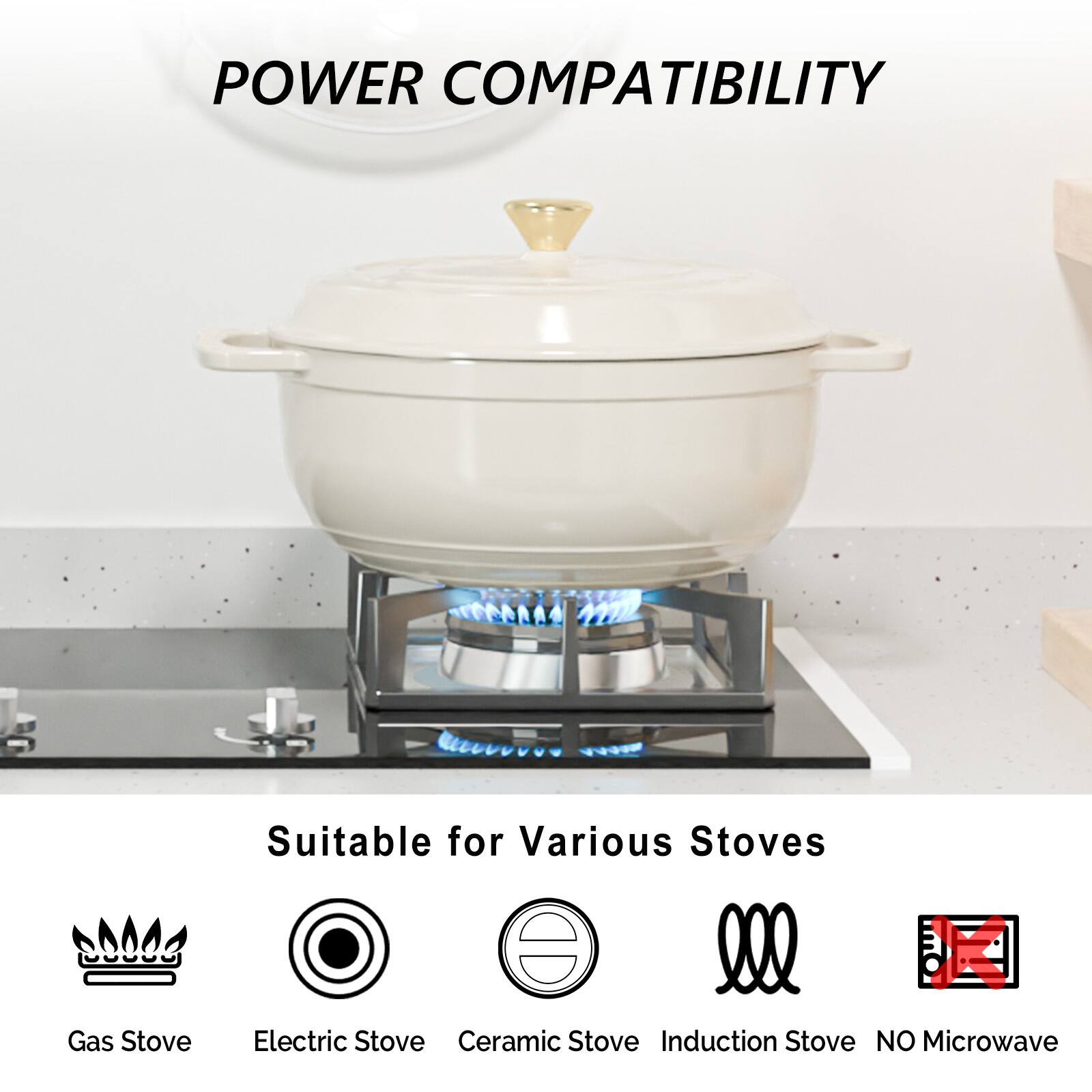 POWER COMPATIBILITY

Suitable for Various Stoves

- Gas Stove
- Electric Stove
- Ceramic Stove
- Induction Stove
- NO Microwave