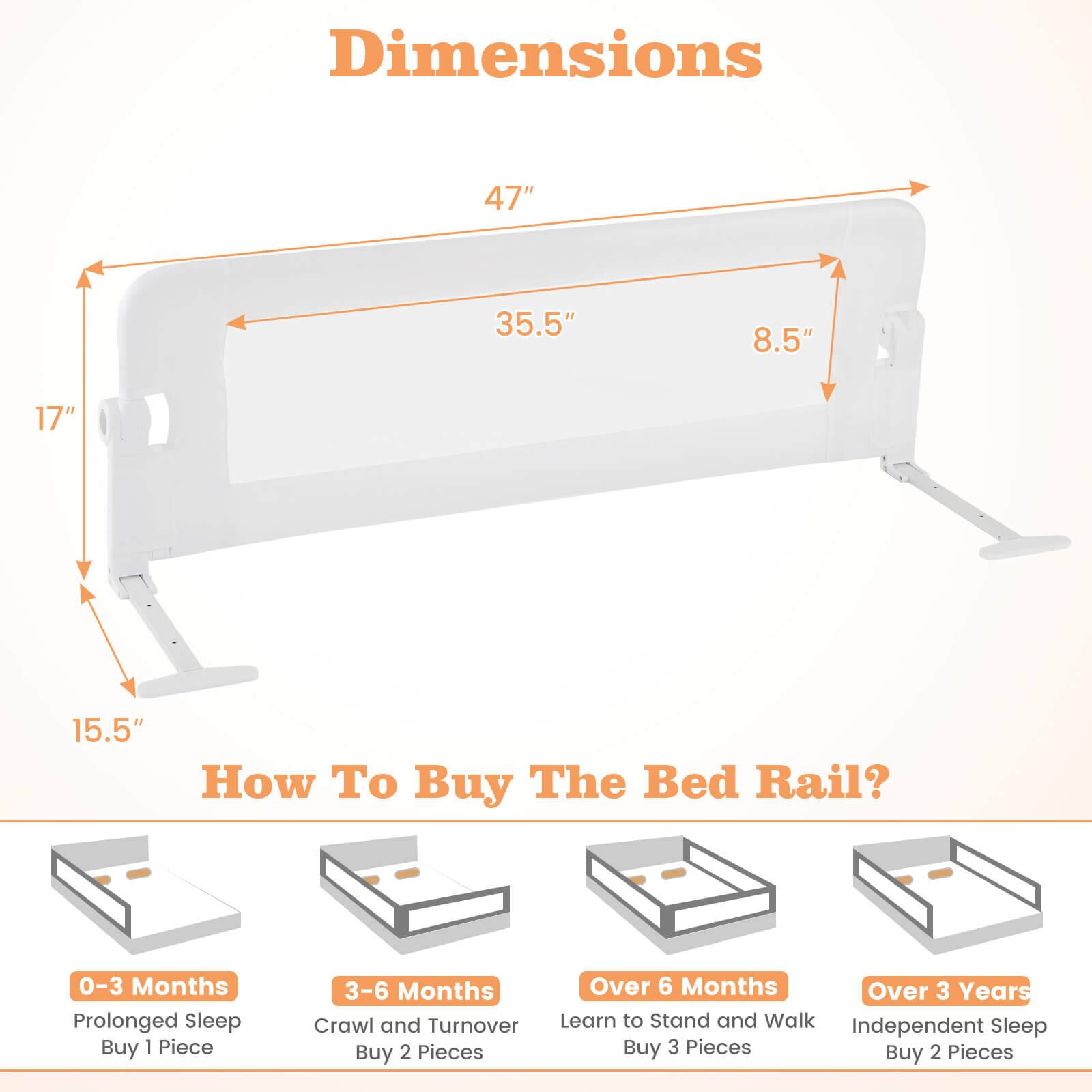 Dimensions: 47" x 35.5" x 8.5" x 17" x 15.5"

How To Buy The Bed Rail?

- 0-3 Months: Prolonged Sleep - Buy 1 Piece
- 3-6 Months: Crawl and Turnover - Buy 2 Pieces
- Over 6 Months: Learn to Stand and Walk - Buy 3 Pieces
- Over 3 Years: Independent Sleep - Buy 2 Pieces