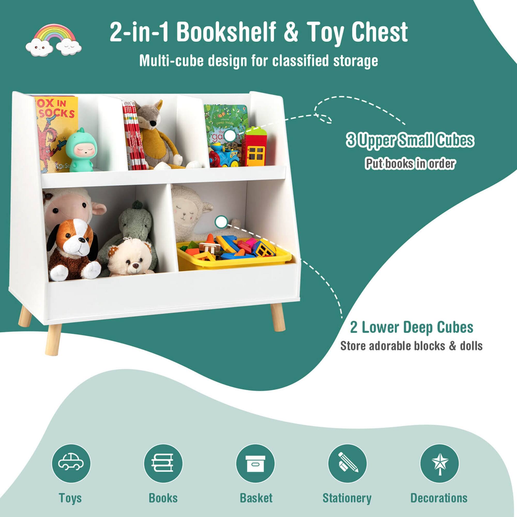 2-in-1 Bookshelf & Toy Chest  
Multi-cube design for classified storage  

3 Upper Small Cubes  
Put books in order  

2 Lower Deep Cubes  
Store adorable blocks & dolls  

Toys  
Books  
Basket  
Stationery  
Decorations