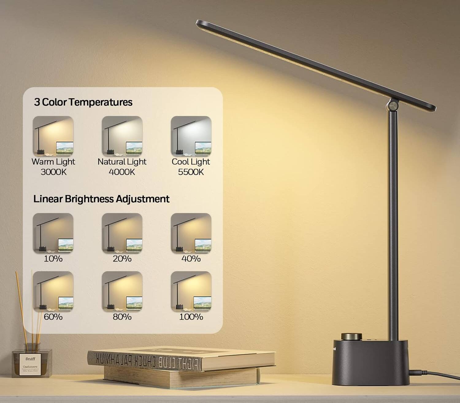 3 Color Temperatures  
Warm Light 3000K  
Natural Light 4000K  
Cool Light 5500K  

Linear Brightness Adjustment  
10% 20% 40% 60% 80% 100%