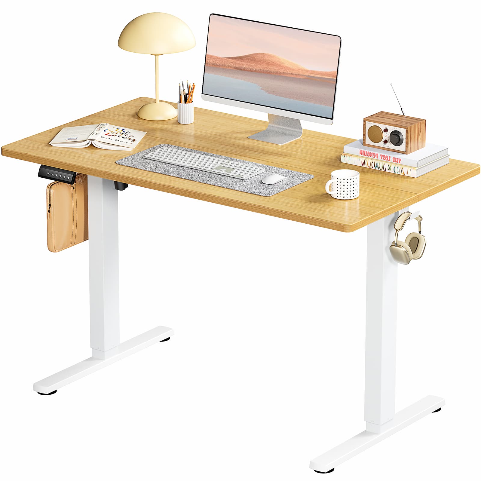 AENKYO - 40" x 24" Electric Standing Desk Height Adjustable Computer Table with 2 Hanging Hooks - Yellow