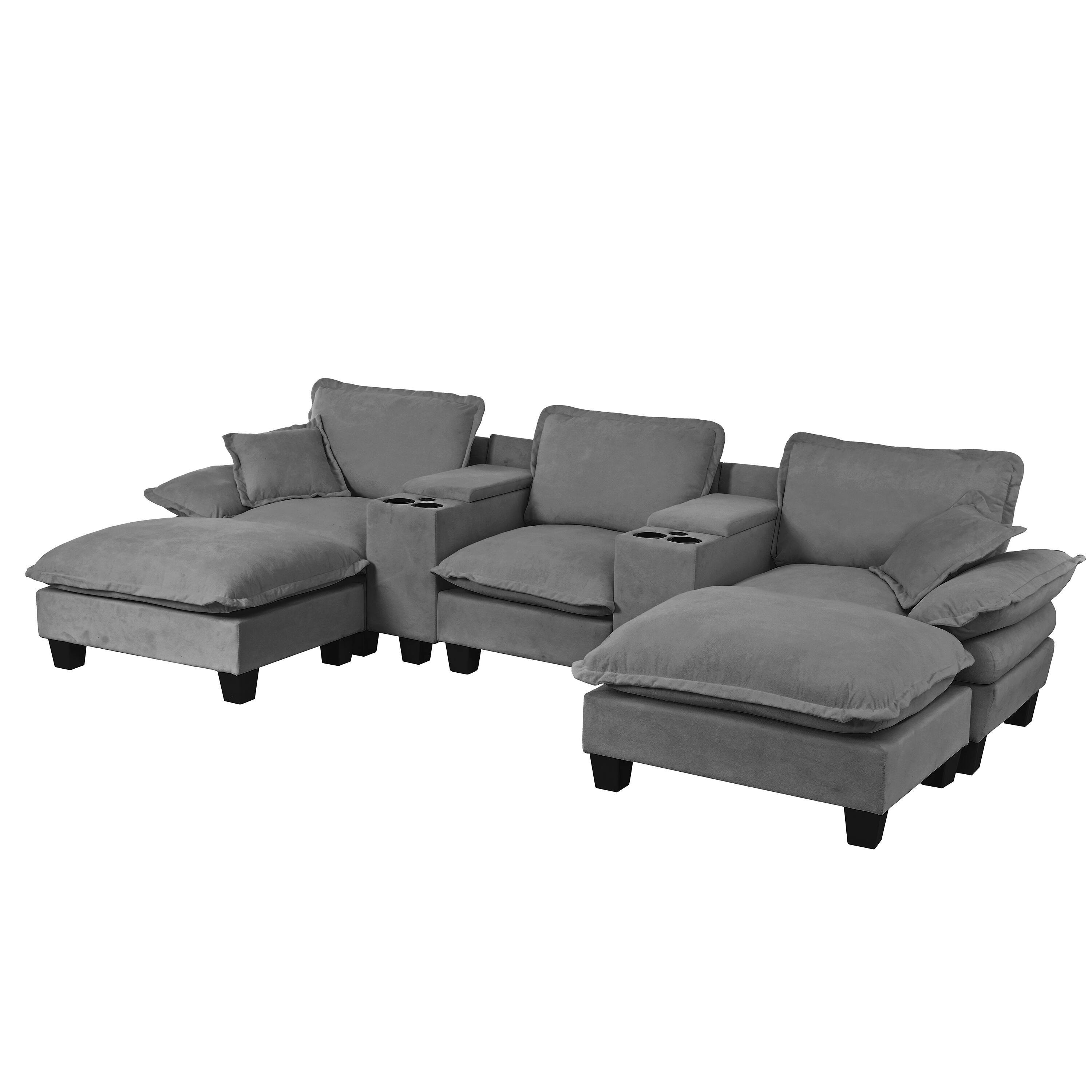 Alt View 2. Roomtec - Modular Cloud Couch UShape Sailboat Sofa with Cup Holders Storage USB Port 2 Ottomans 2 Pillows Chenille for Apartment - Grey.