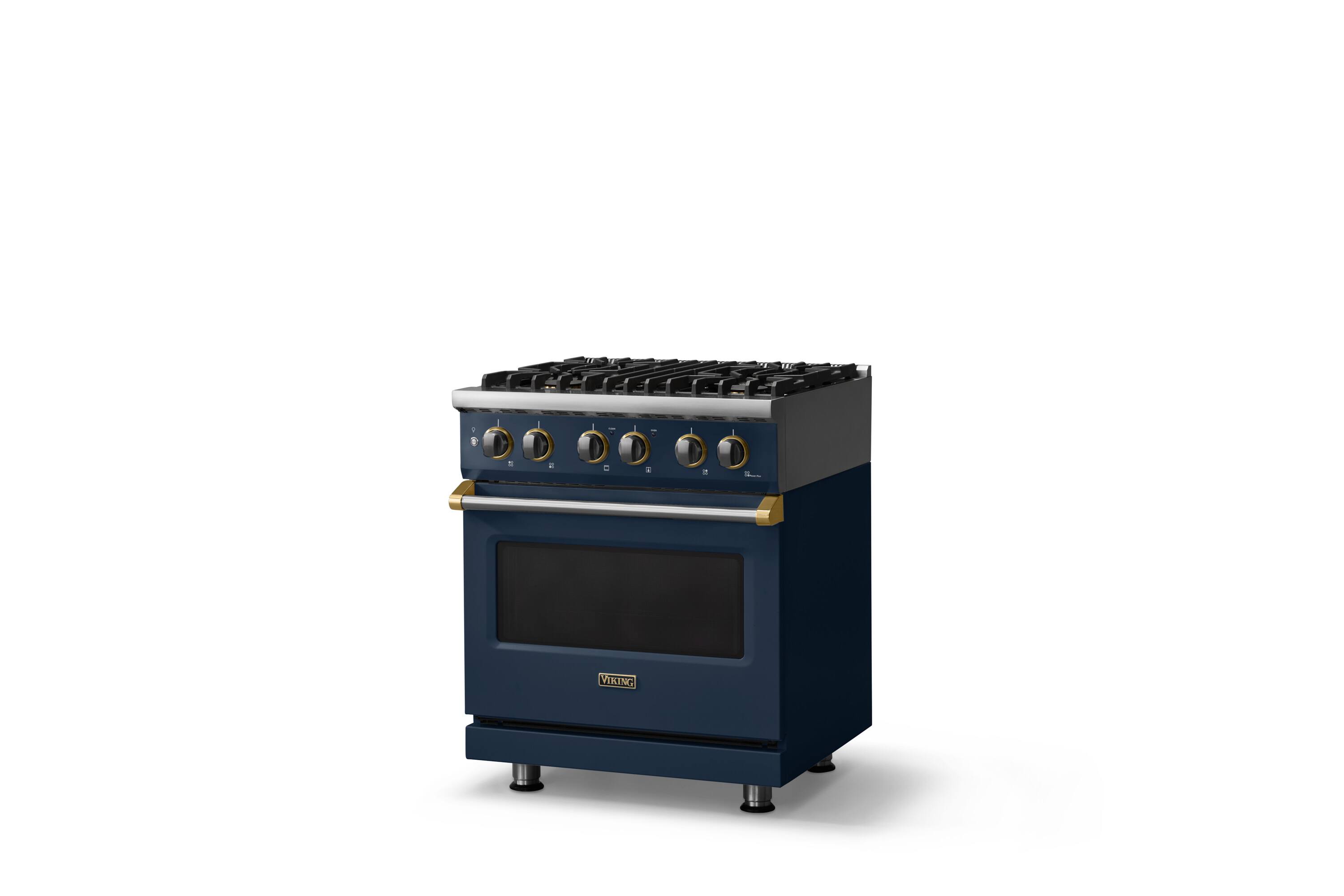 Angle. Viking - 30 in. Wide 4 Burner Pro 5 Series 4.7 Cu. Ft. Freestanding Sealed DF Convection Range - Slate Blue w. Brushed Brass Trim - Slate Blue.