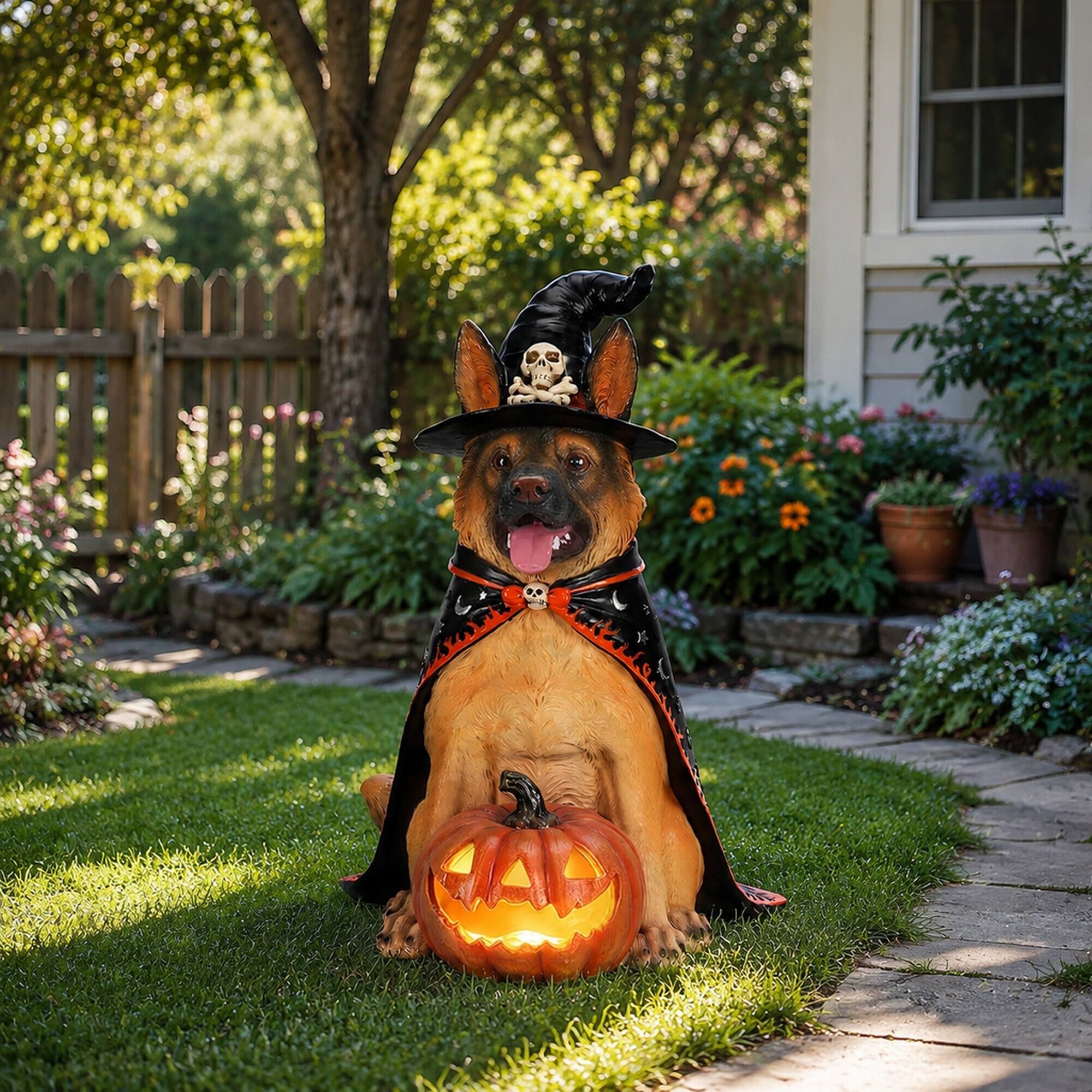 Alt View 2. RYHNUYNE - Halloween German Shepherd Dog Statue with Witch Hat and Cape Paired with LED Pumpkin Lantern for Spooky Porch Decor - Yellow.