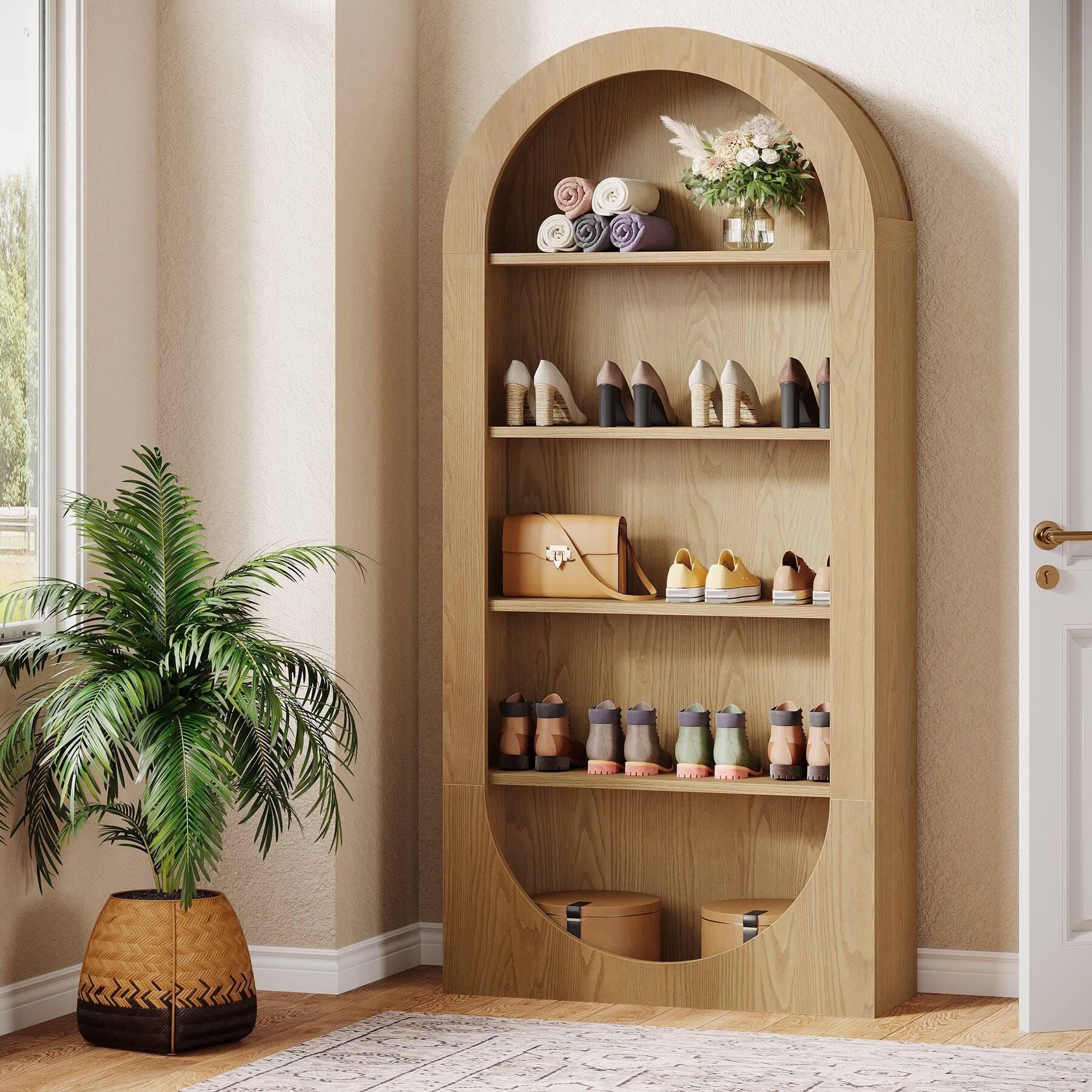 Back. Tribesigns - Shoe Storage Cabinet with Engineered Wood Construction and Storage Shelves for Living Room and Home Office - Brown.