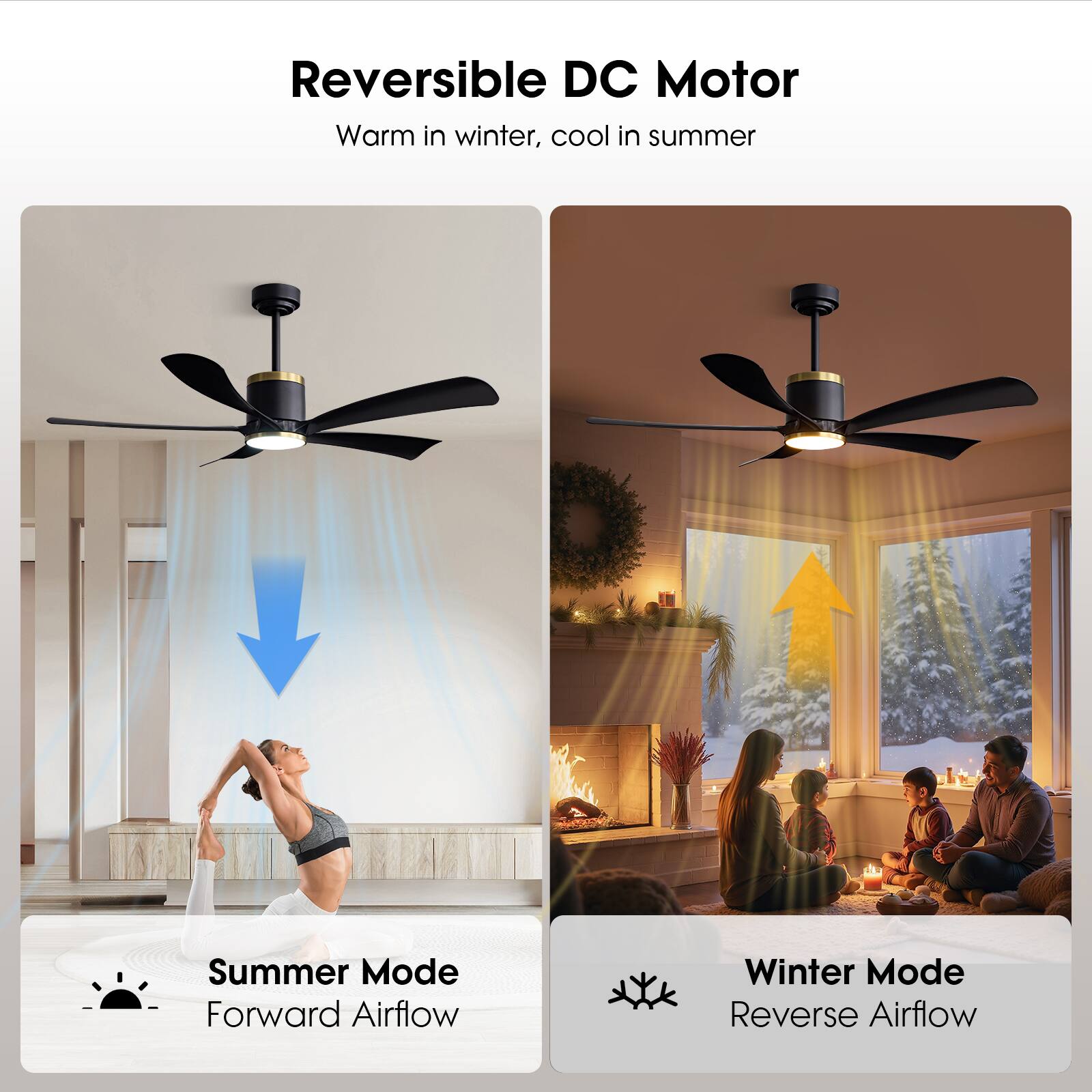 Reversible DC Motor  
Warm in winter, cool in summer  

Summer Mode  
Forward Airflow  

Winter Mode  
Reverse Airflow