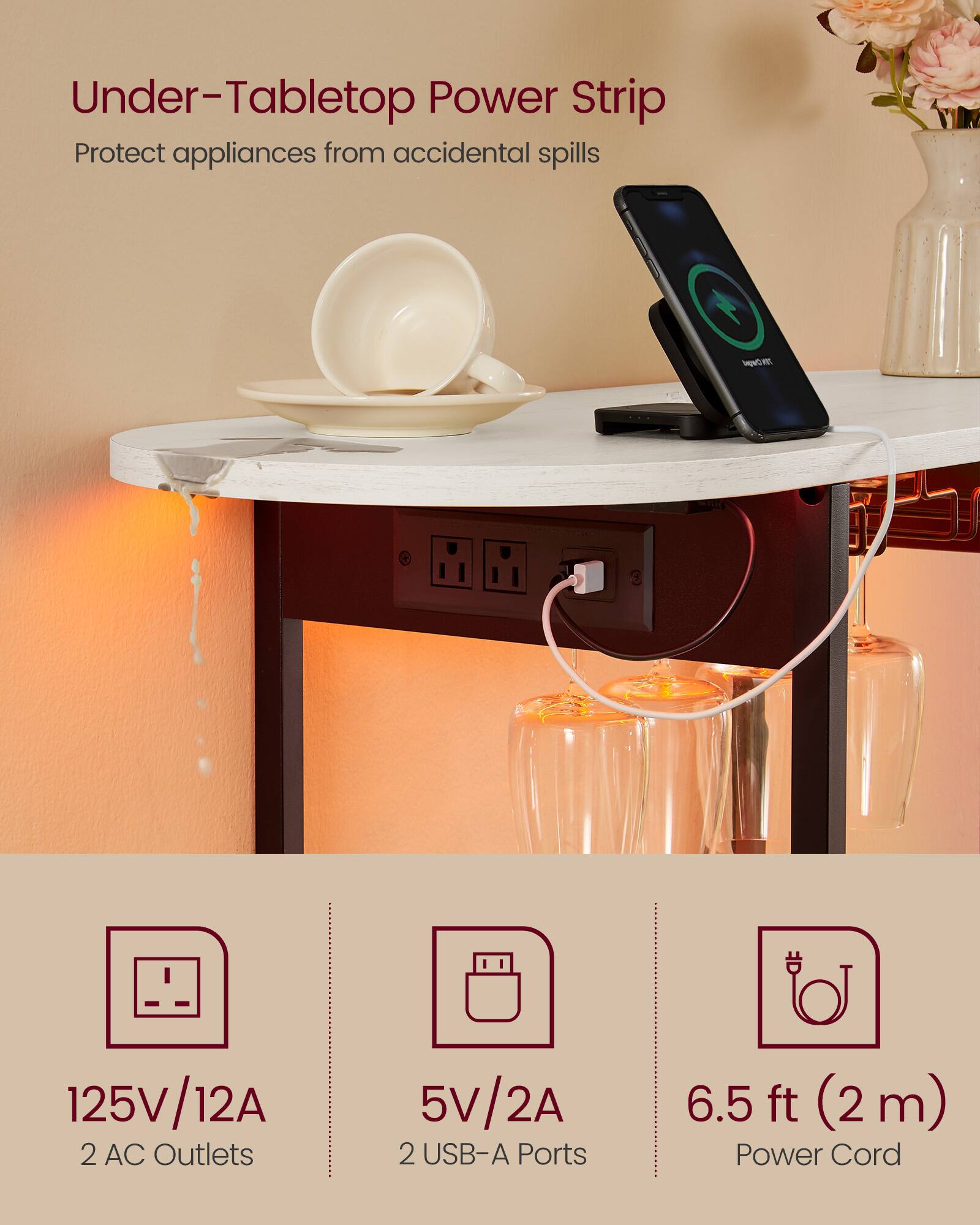 Under-Tabletop Power Strip  
Protect appliances from accidental spills  

125V/12A  
2 AC Outlets  

5V/2A  
2 USB-A Ports  

6.5 ft (2 m) Power Cord