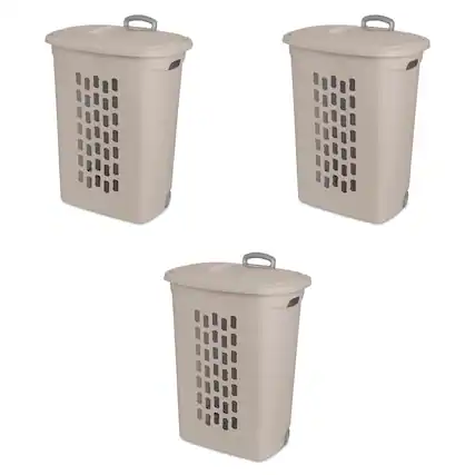 Front. Sterilite - Sterilite Ultra Wheeled Hamper, Laundry Basket with Lid and Handle, Grey, 3 Pack - Gray.