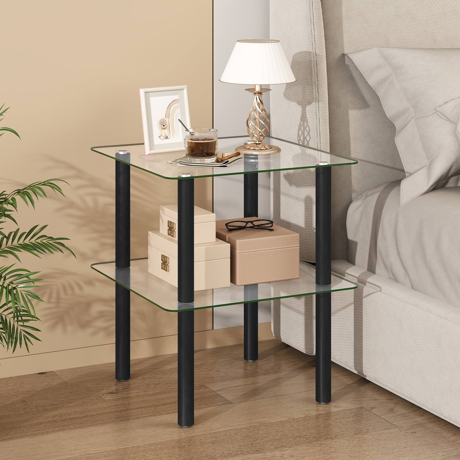 Alt View 3. Costway - Costway Square End Table, 2-Tier Sofa Side Table with Clear Tempered Glass Top & Shelf - Clear & Black.