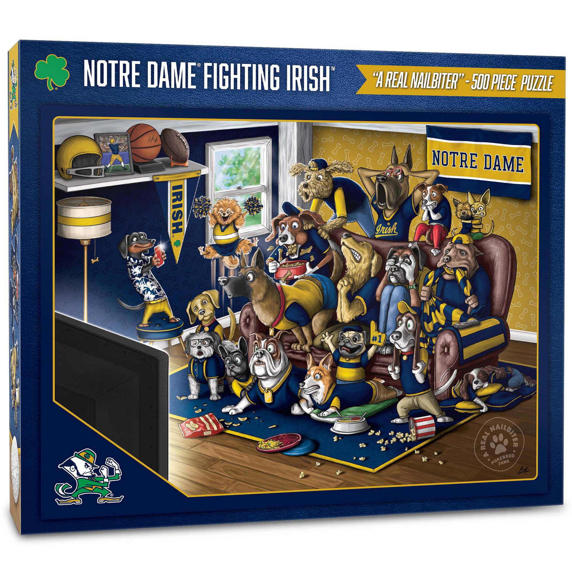 NOTRE DAME FIGHTING IRISH  
"A REAL NAILBITER" - 500 PIECE PUZZLE  

NOTRE DAME  
IRISH  

#1  
PUREBRED FANS  

A REAL NAILBITER  
QUALITY PUZZLE